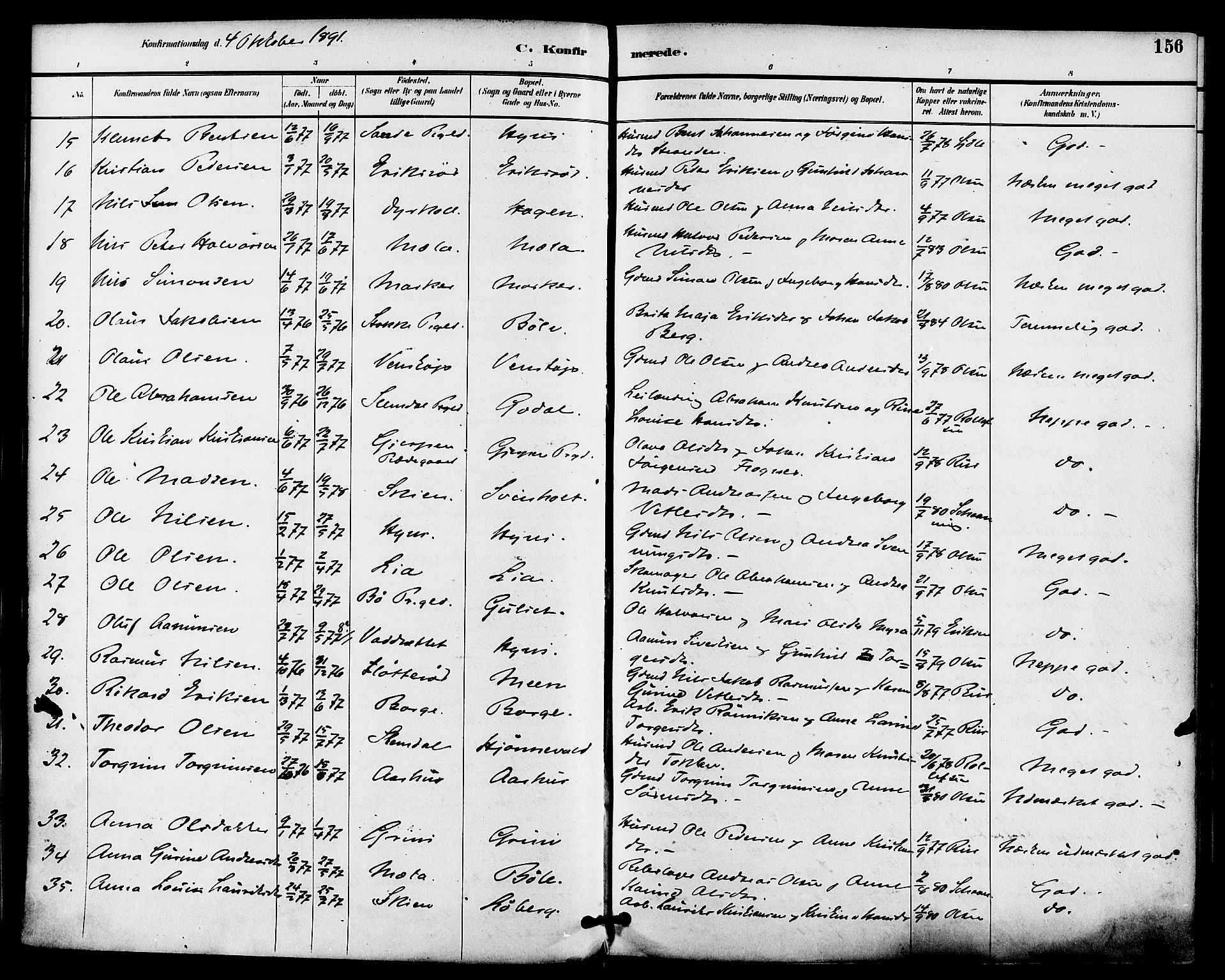 Gjerpen kirkebøker, SAKO/A-265/F/Fa/L0010: Parish register (official) no. I 10, 1886-1895, p. 156