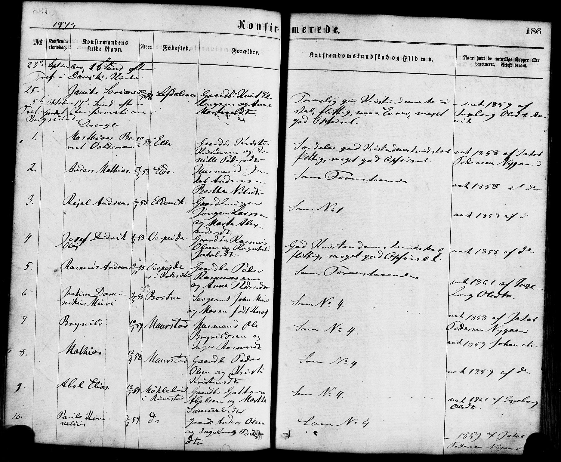 Davik sokneprestembete, AV/SAB-A-79701/H/Haa/Haaa/L0006: Parish register (official) no. A 6, 1867-1881, p. 186