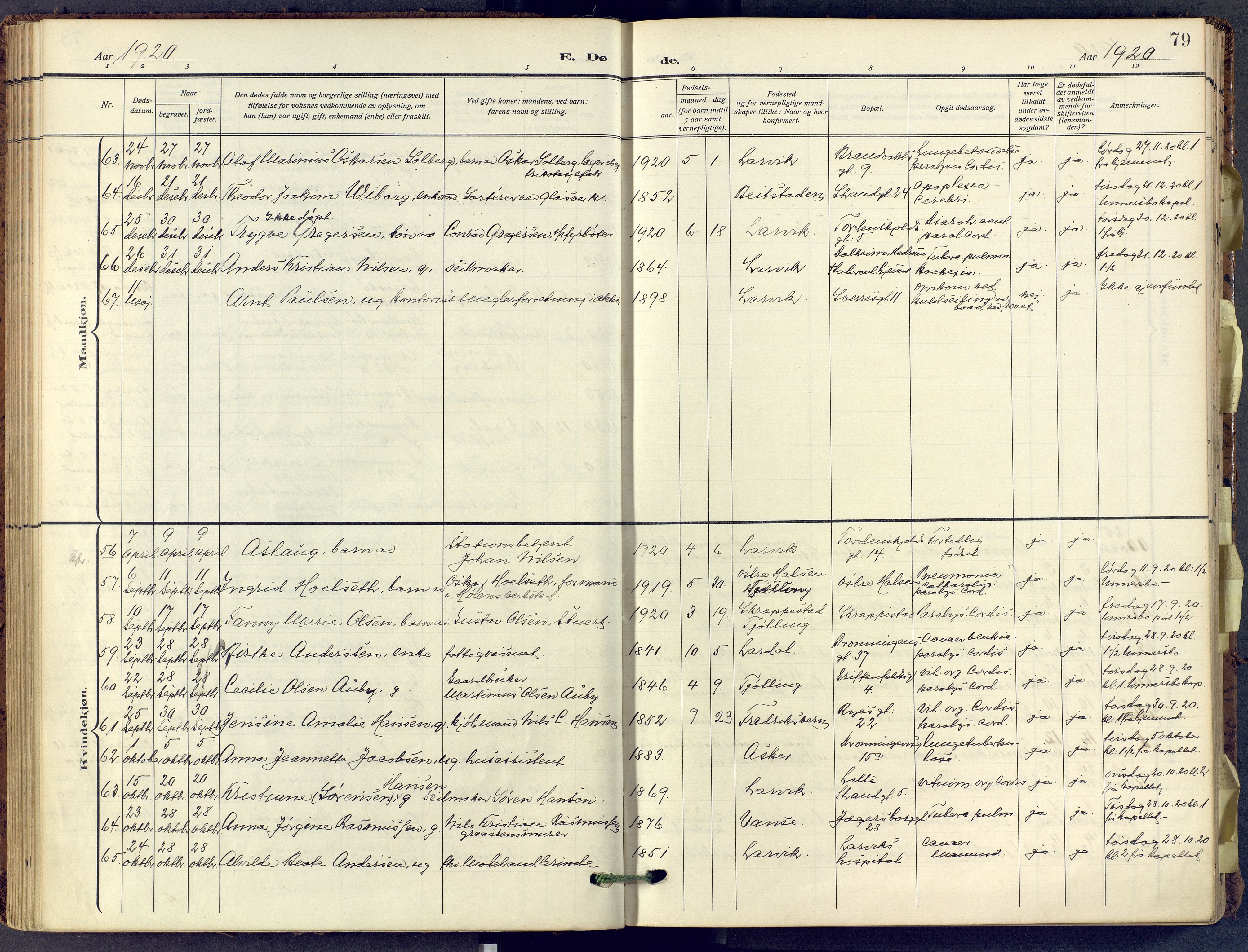 Larvik kirkebøker, AV/SAKO-A-352/F/Fa/L0013: Parish register (official) no. I 13, 1910-1960, p. 79