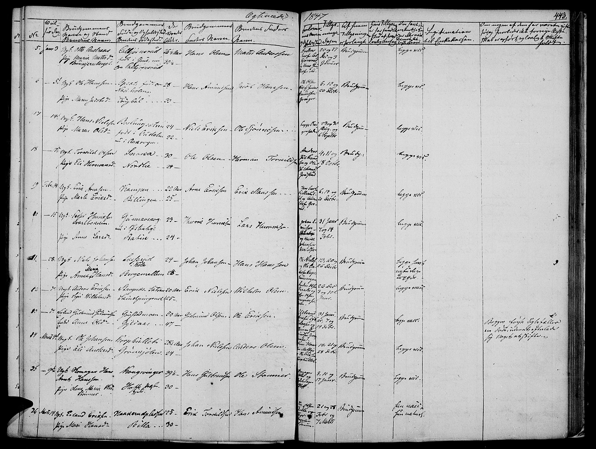 Vinger prestekontor, AV/SAH-PREST-024/H/Ha/Haa/L0008: Parish register (official) no. 8, 1839-1847, p. 443