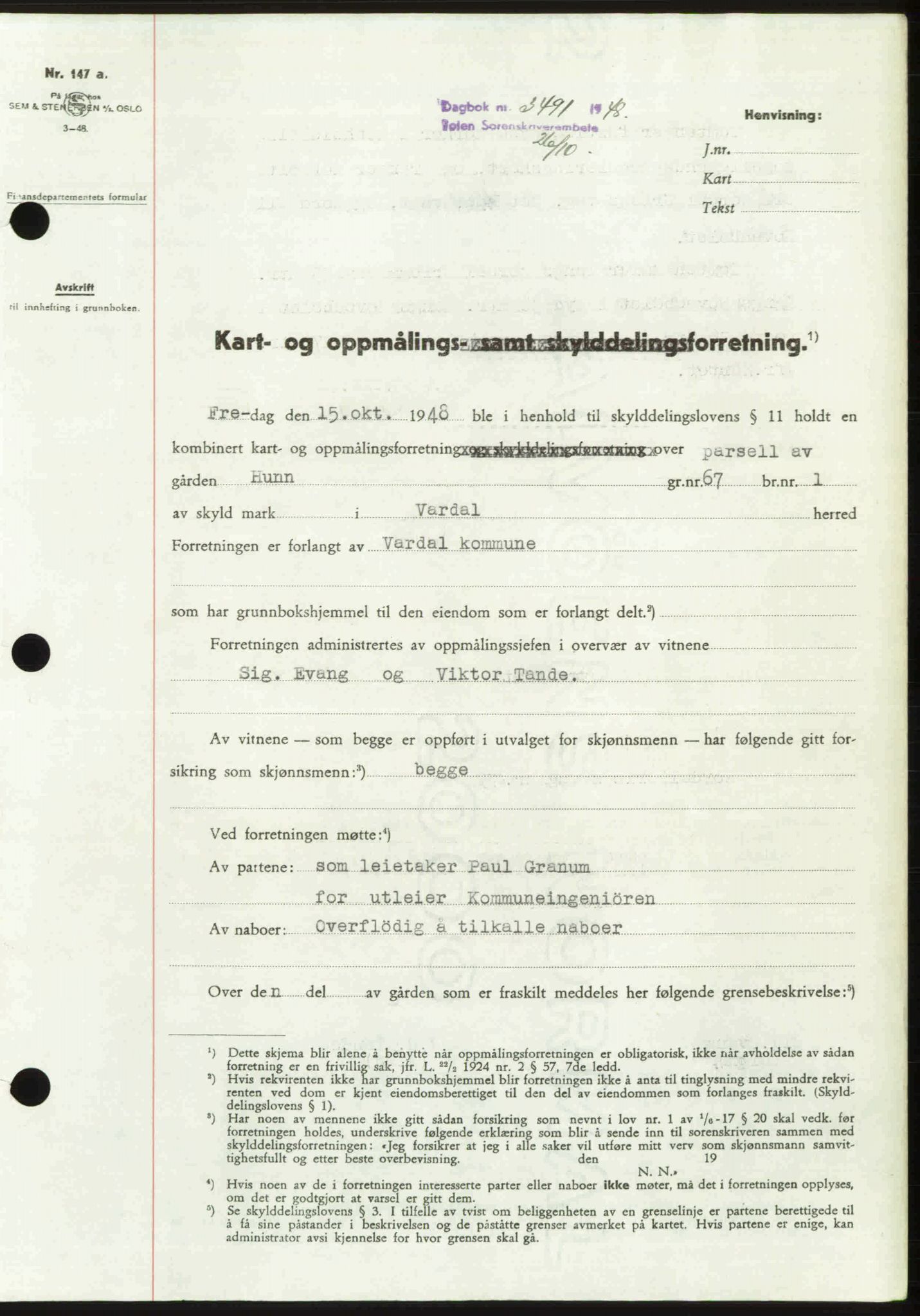 Toten tingrett, SAH/TING-006/H/Hb/Hbc/L0020: Mortgage book no. Hbc-20, 1948-1948, Diary no: : 3491/1948