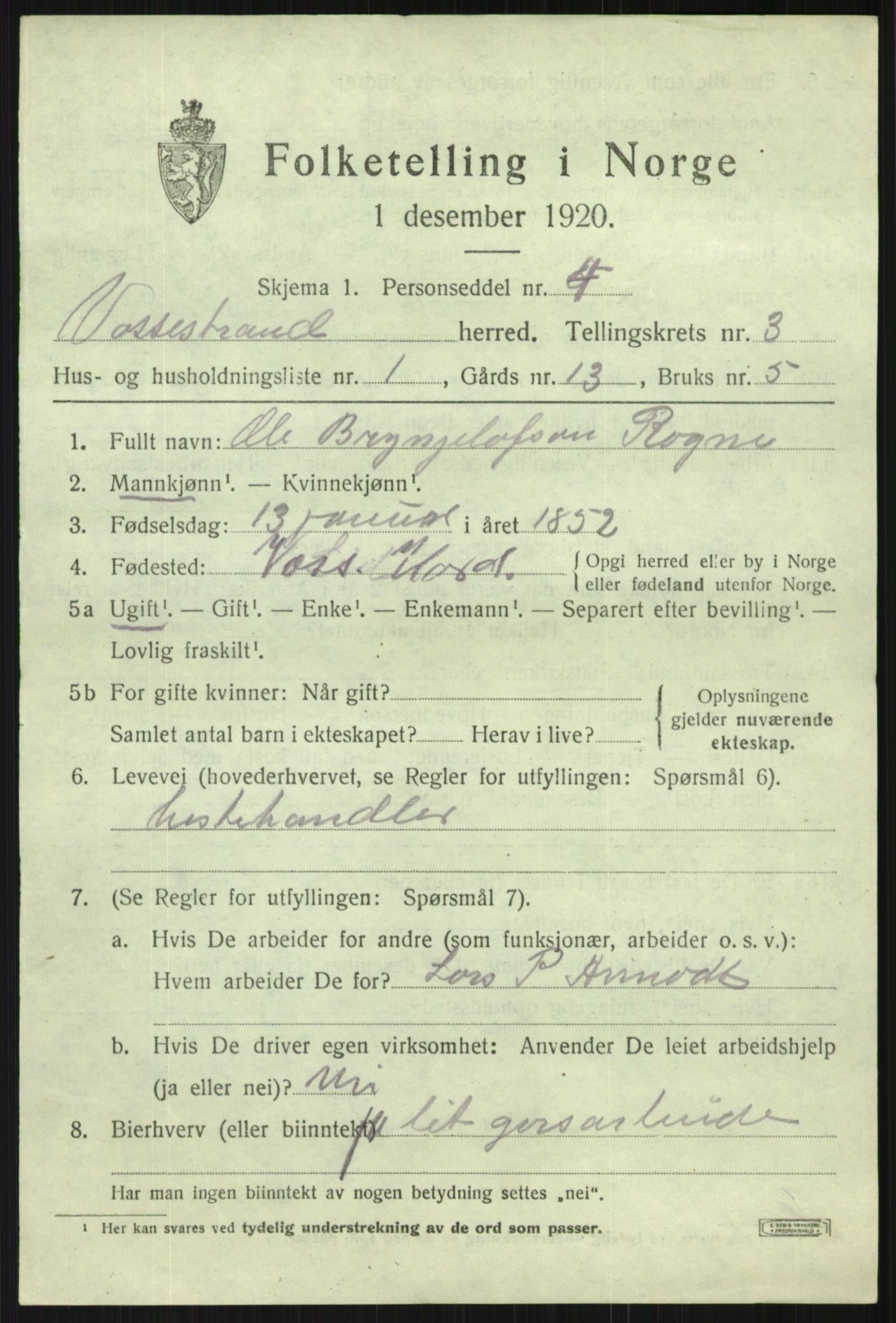 SAB, 1920 census for Vossestrand, 1920, p. 1440