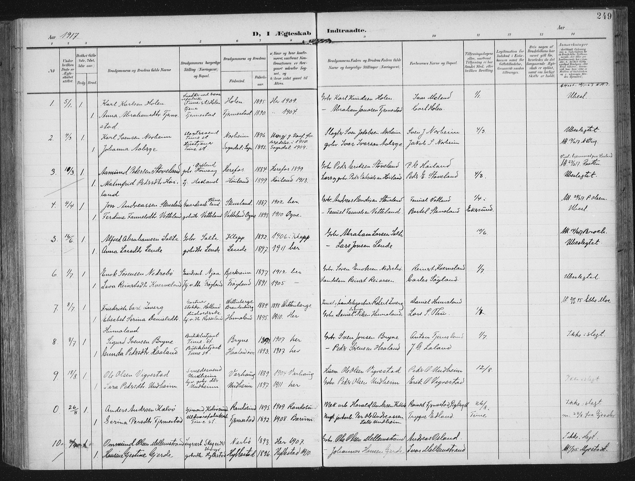 Lye sokneprestkontor, SAST/A-101794/002/A/L0001: Parish register (official) no. A 12, 1904-1920, p. 249