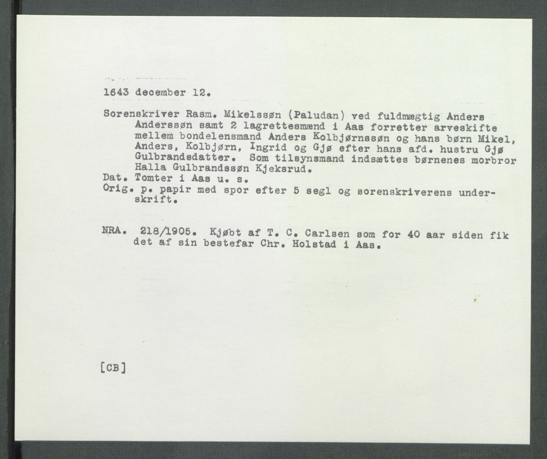 Riksarkivets diplomsamling, AV/RA-EA-5965/F02/L0157: Dokumenter, 1643, p. 121
