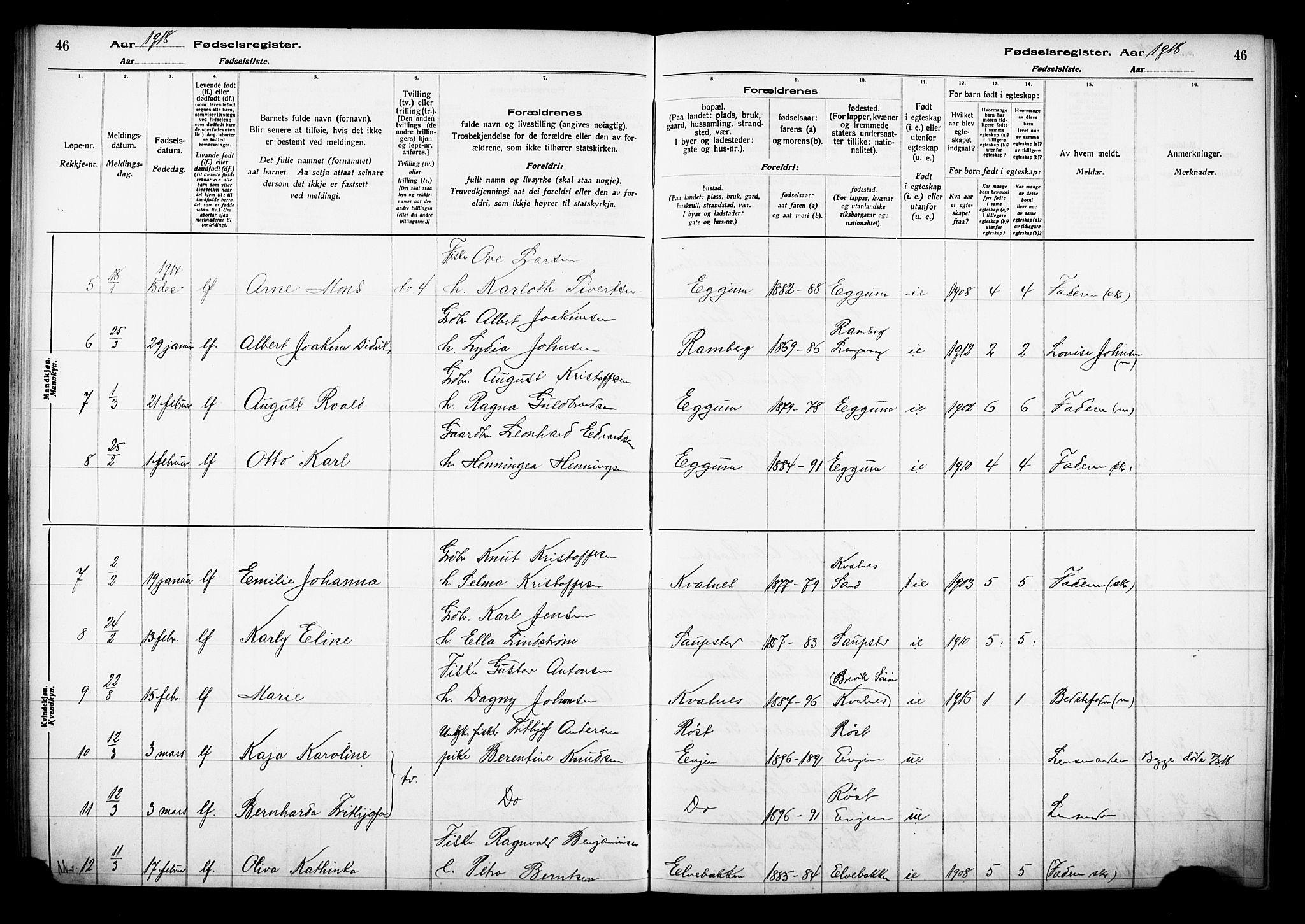 Ministerialprotokoller, klokkerbøker og fødselsregistre - Nordland, AV/SAT-A-1459/880/L1145: Birth register no. 880.II.4.1, 1916-1929, p. 46