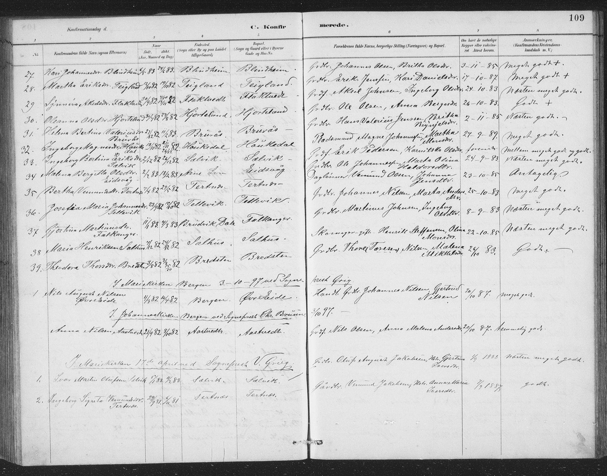 Åsane sokneprestembete, SAB/A-79401/H/Hab: Parish register (copy) no. A 2, 1885-1898, p. 109