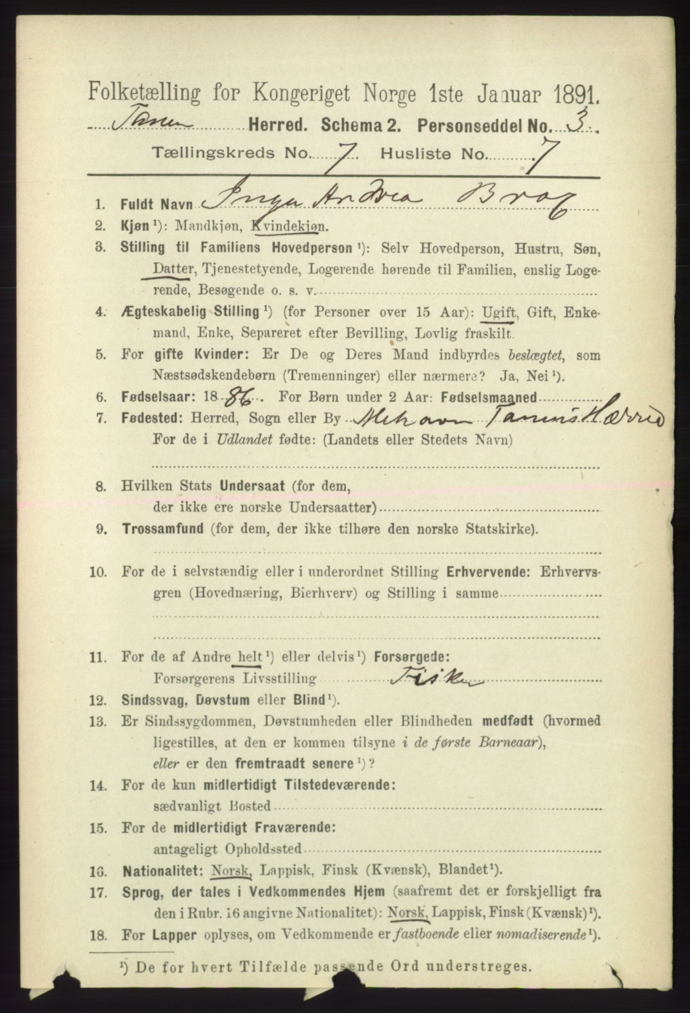 RA, 1891 census for 2025 Tana, 1891, p. 3123