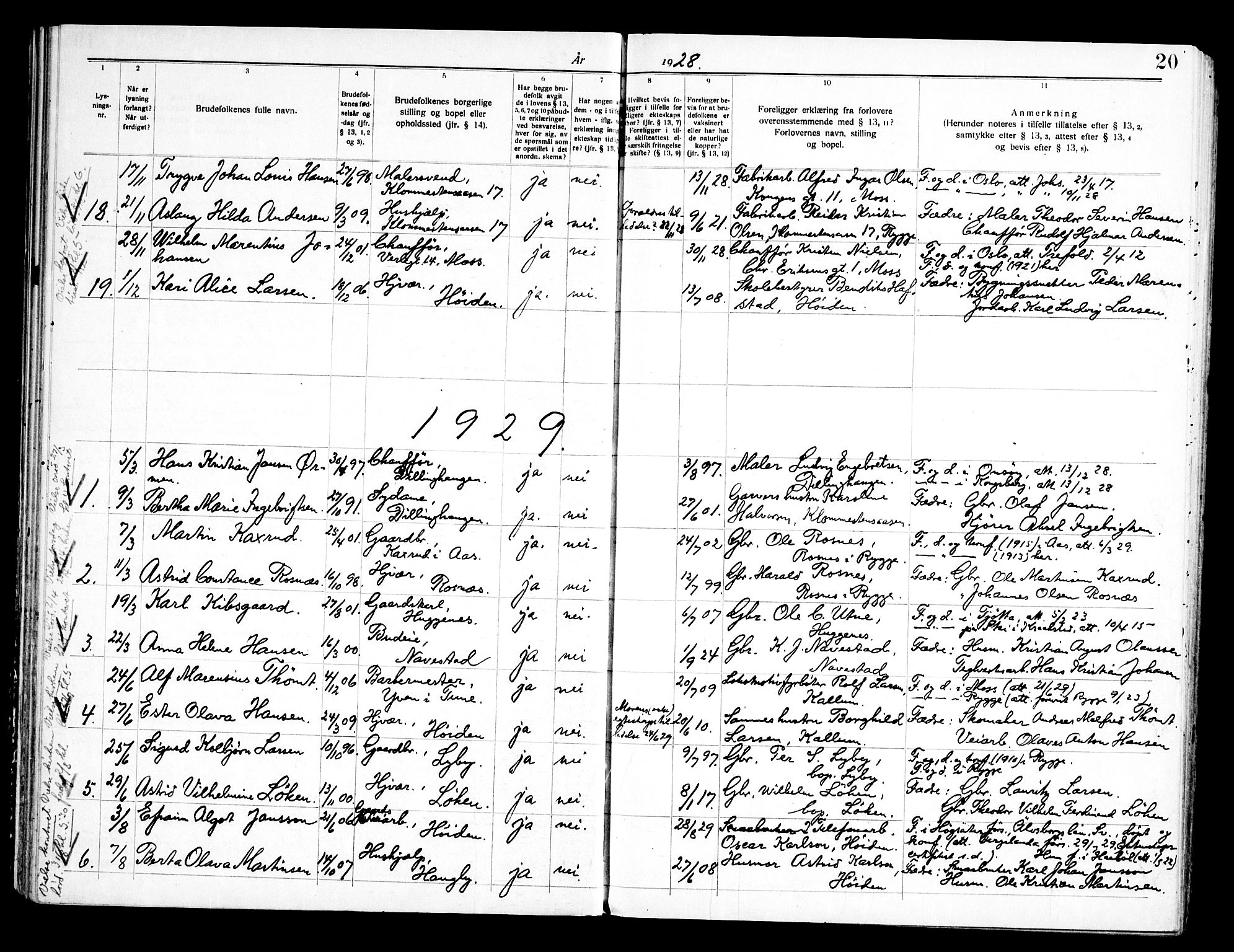 Rygge prestekontor Kirkebøker, AV/SAO-A-10084b/H/Ha/L0002: Banns register no. 2, 1919-1961, p. 20