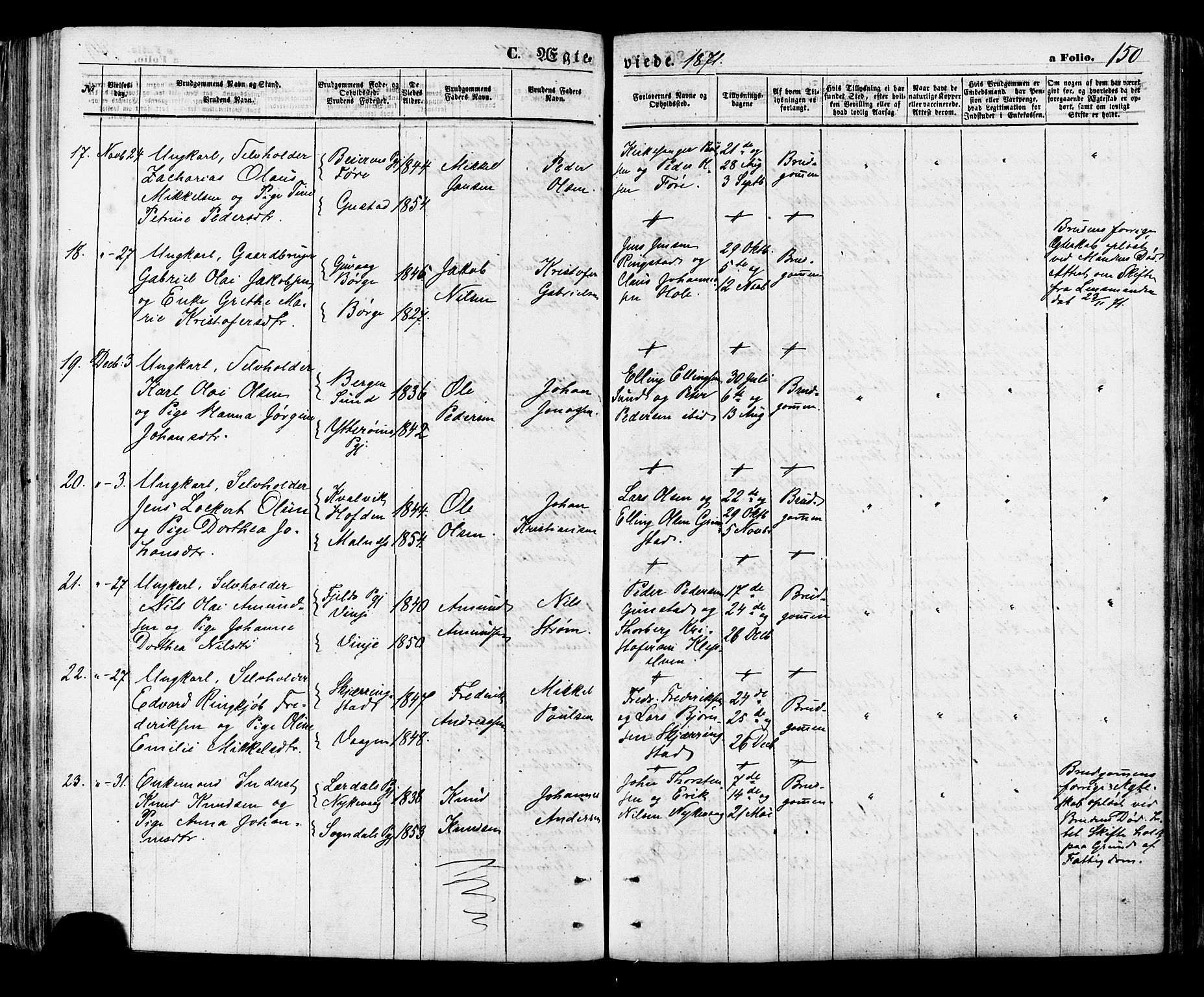 Ministerialprotokoller, klokkerbøker og fødselsregistre - Nordland, AV/SAT-A-1459/891/L1301: Parish register (official) no. 891A06, 1870-1878, p. 150