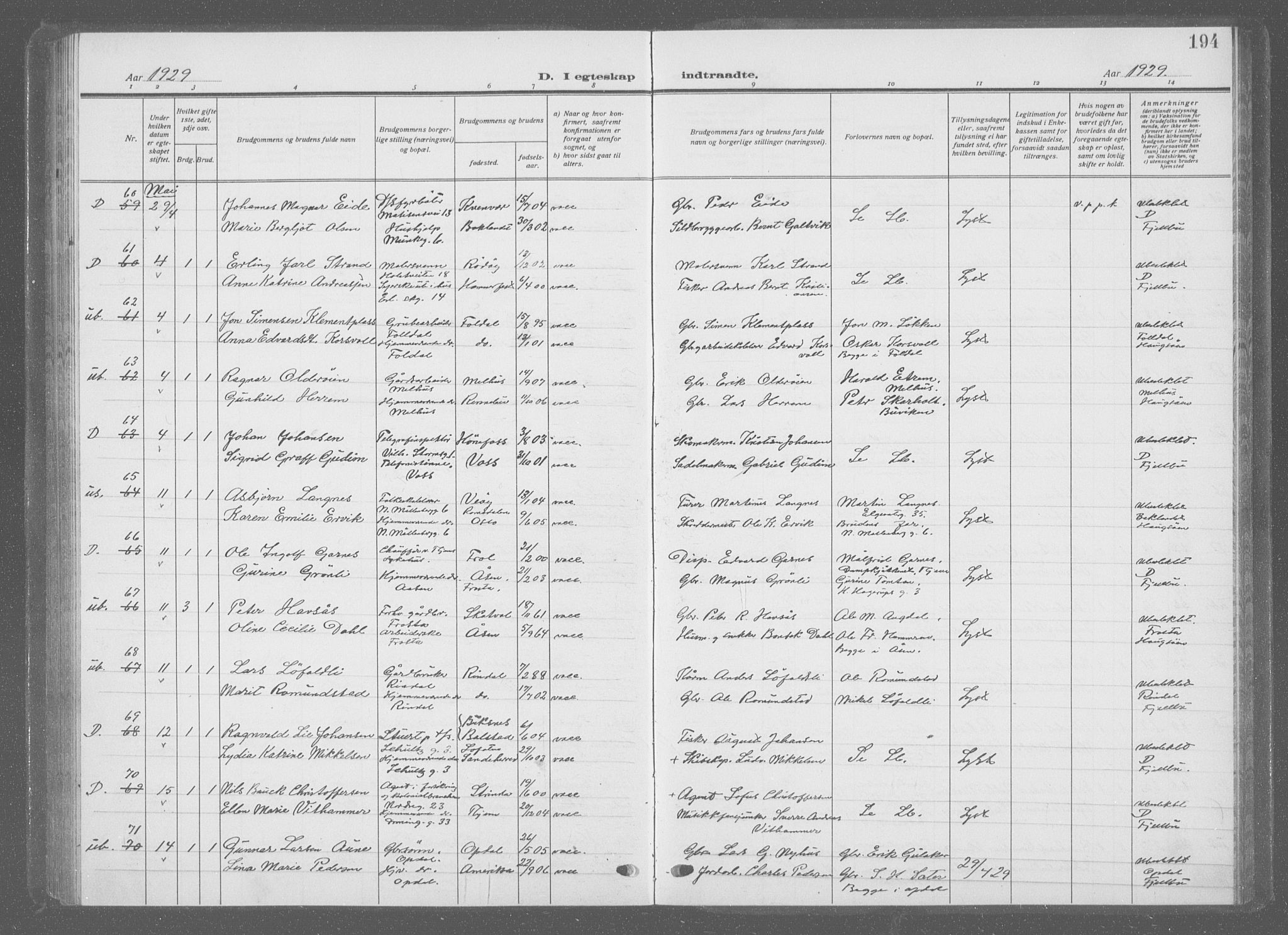 Ministerialprotokoller, klokkerbøker og fødselsregistre - Sør-Trøndelag, AV/SAT-A-1456/601/L0098: Parish register (copy) no. 601C16, 1921-1934, p. 194