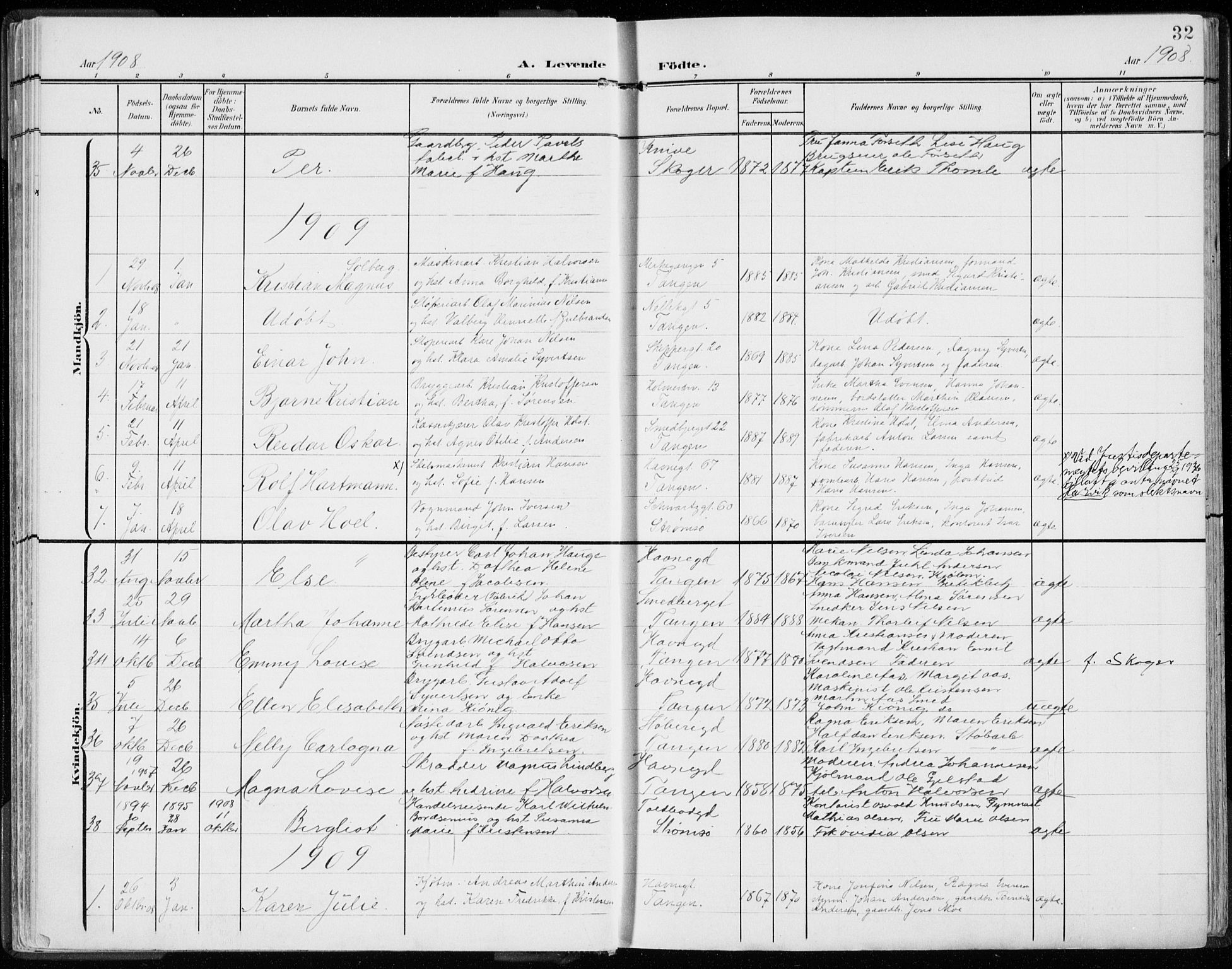 Strømsø kirkebøker, AV/SAKO-A-246/F/Fb/L0008: Parish register (official) no. II 8, 1902-1933, p. 32