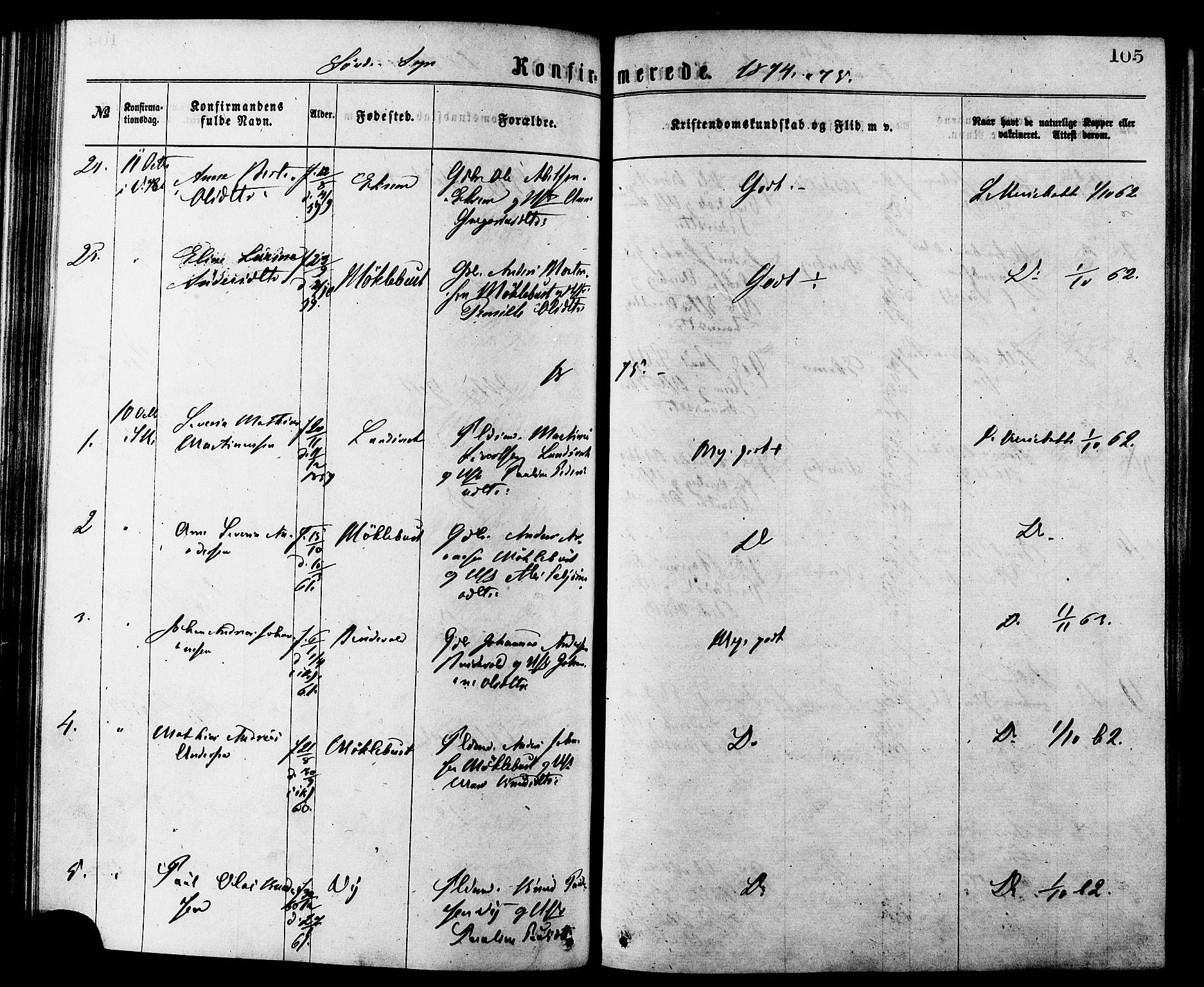 Ministerialprotokoller, klokkerbøker og fødselsregistre - Møre og Romsdal, SAT/A-1454/502/L0024: Parish register (official) no. 502A02, 1873-1884, p. 105