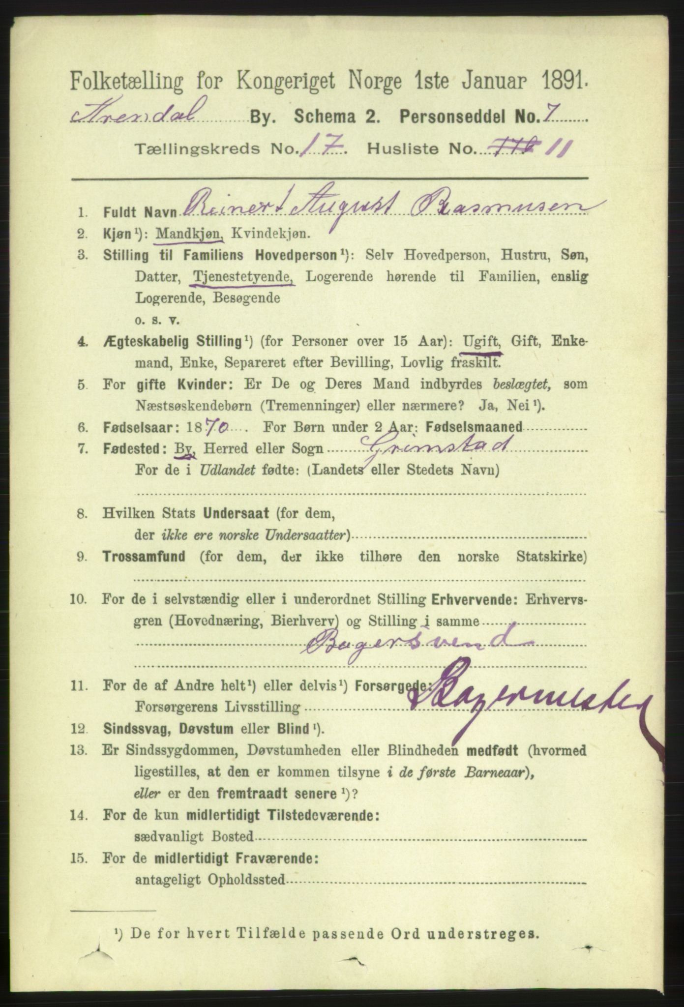 RA, 1891 census for 0903 Arendal, 1891, p. 5756