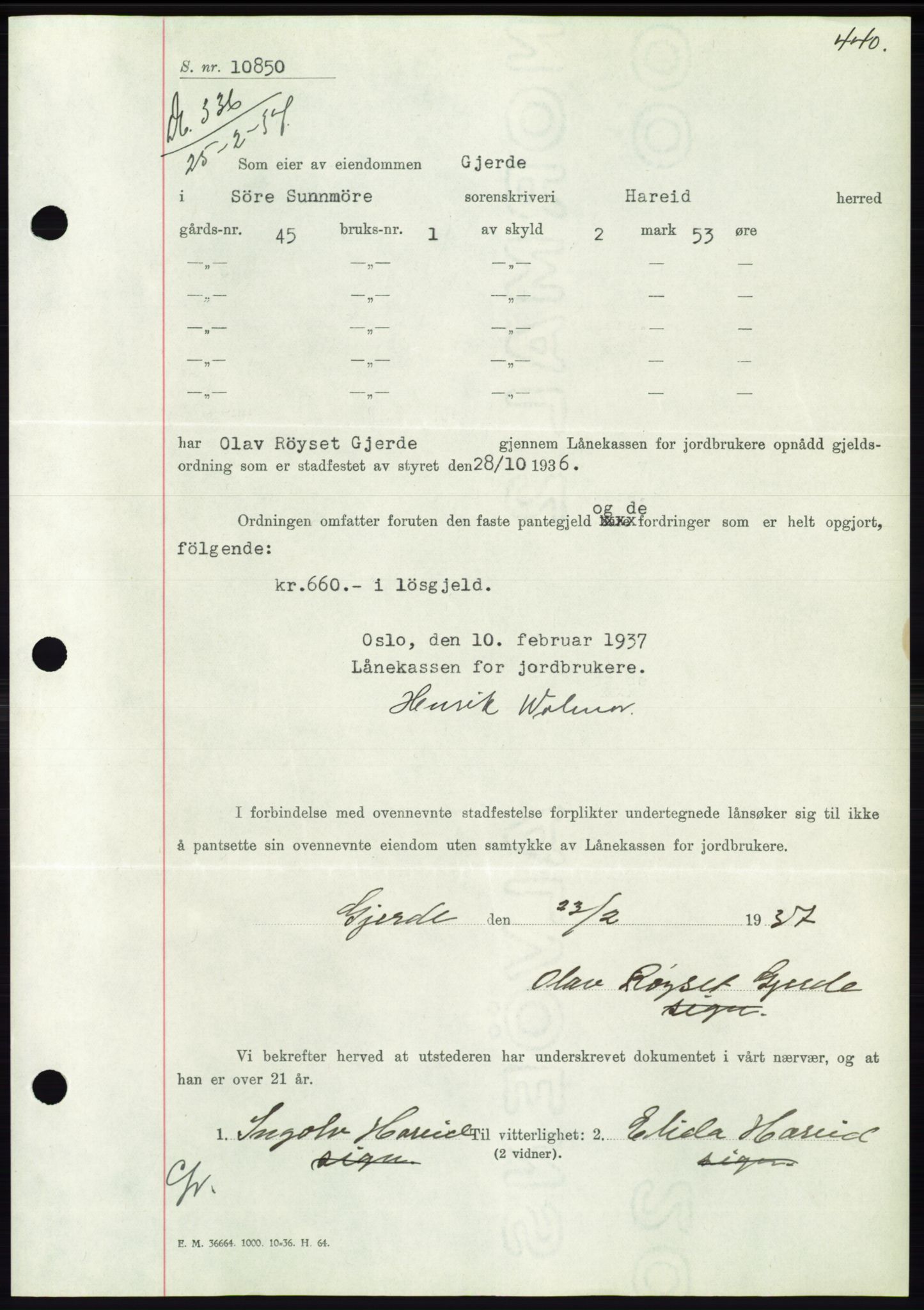 Søre Sunnmøre sorenskriveri, AV/SAT-A-4122/1/2/2C/L0062: Mortgage book no. 56, 1936-1937, Diary no: : 336/1937