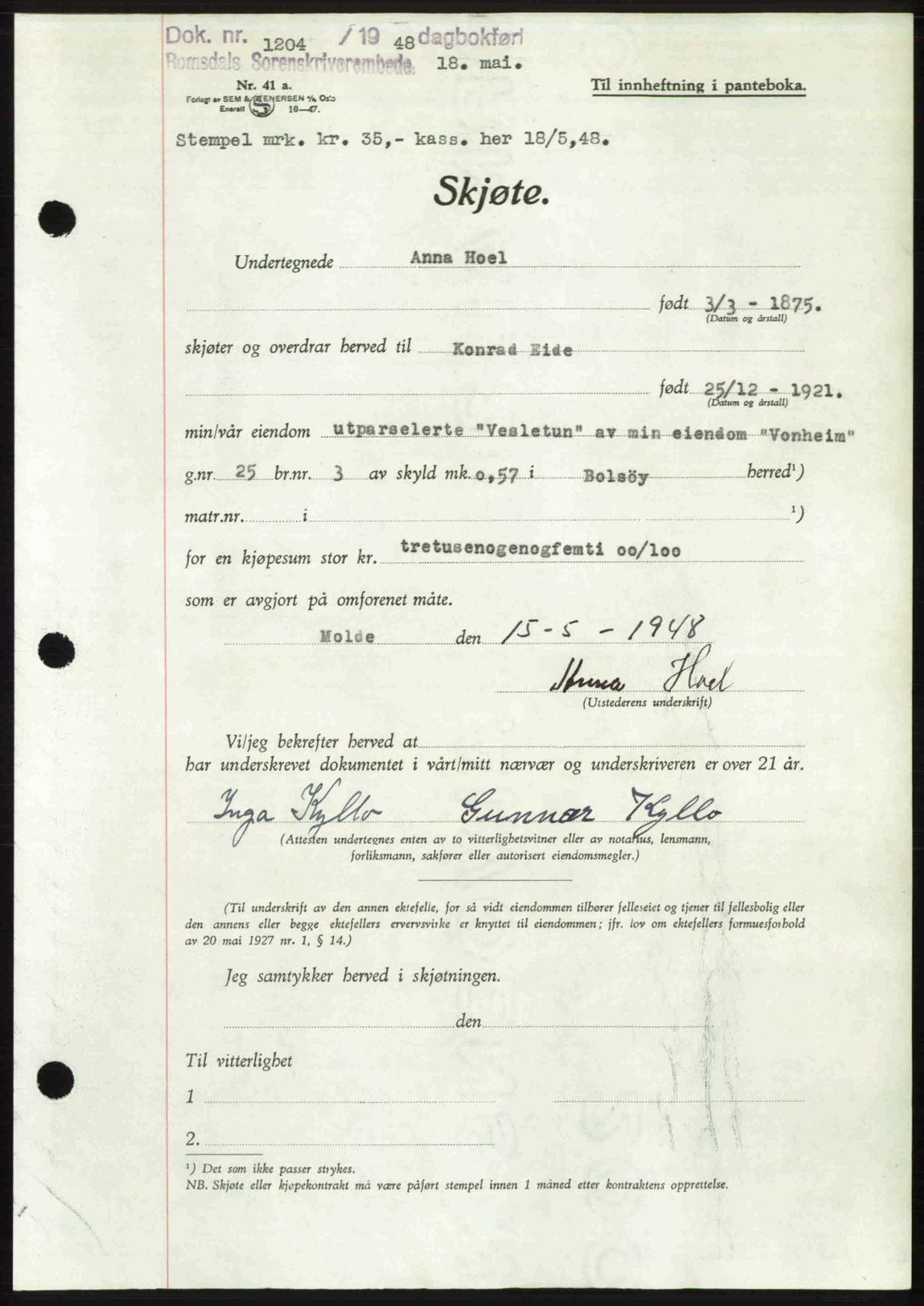 Romsdal sorenskriveri, AV/SAT-A-4149/1/2/2C: Mortgage book no. A26, 1948-1948, Diary no: : 1204/1948