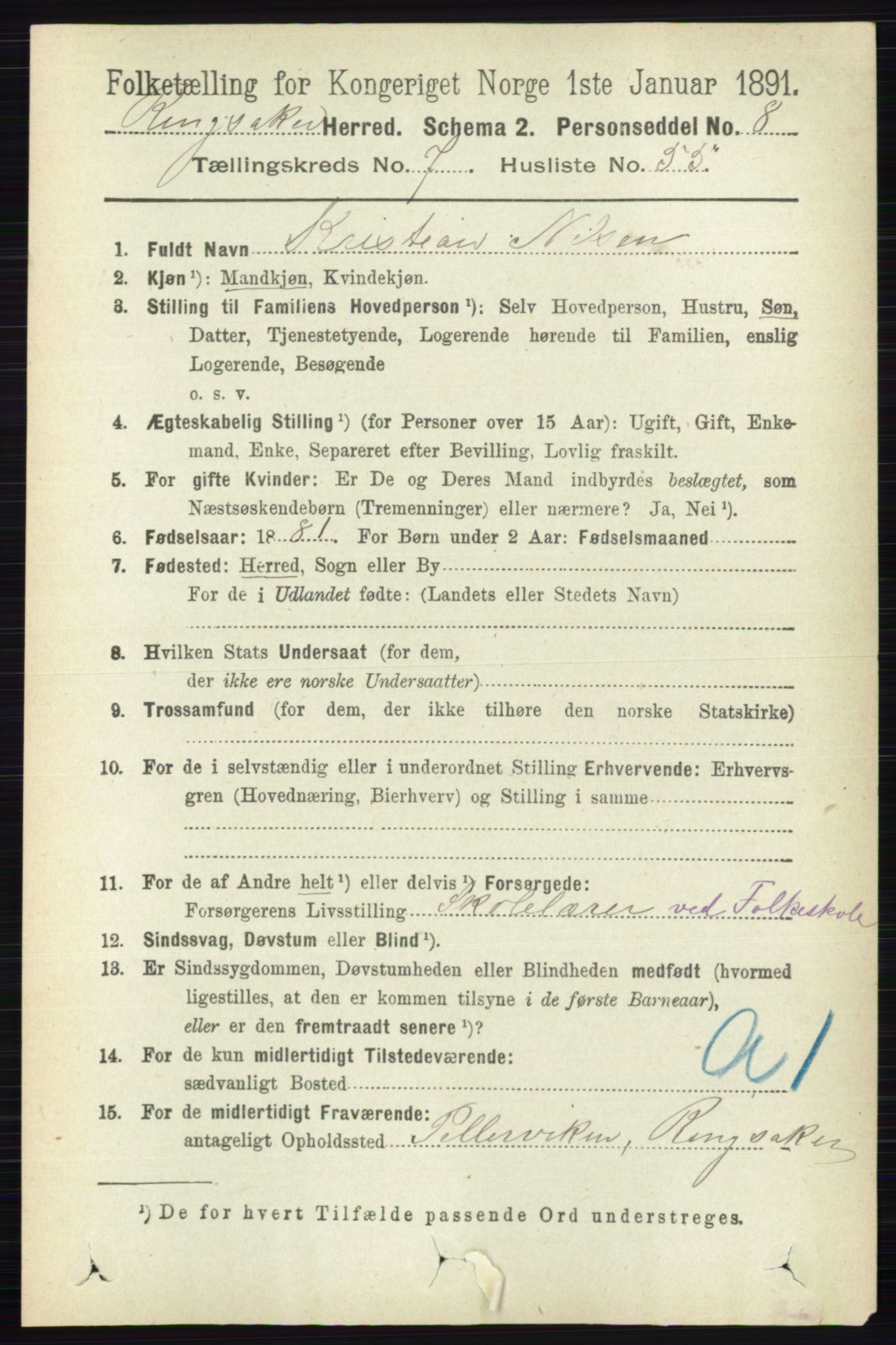 RA, 1891 census for 0412 Ringsaker, 1891, p. 4262