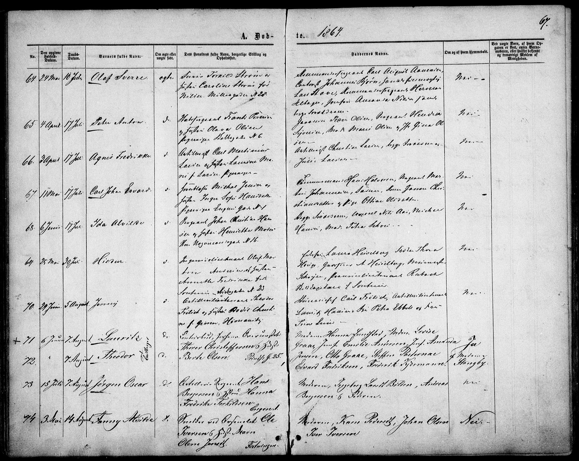 Garnisonsmenigheten Kirkebøker, SAO/A-10846/F/Fa/L0010: Parish register (official) no. 10, 1859-1869, p. 67