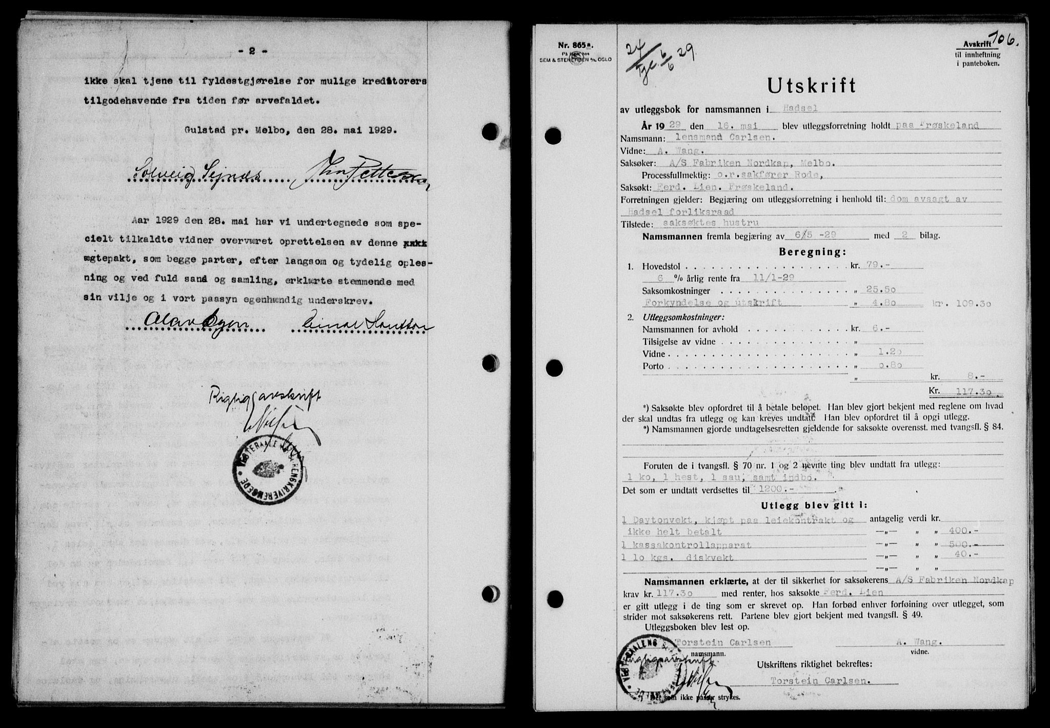 Vesterålen sorenskriveri, SAT/A-4180/1/2/2Ca/L0049: Mortgage book no. 42, 1929-1929, Deed date: 06.06.1929