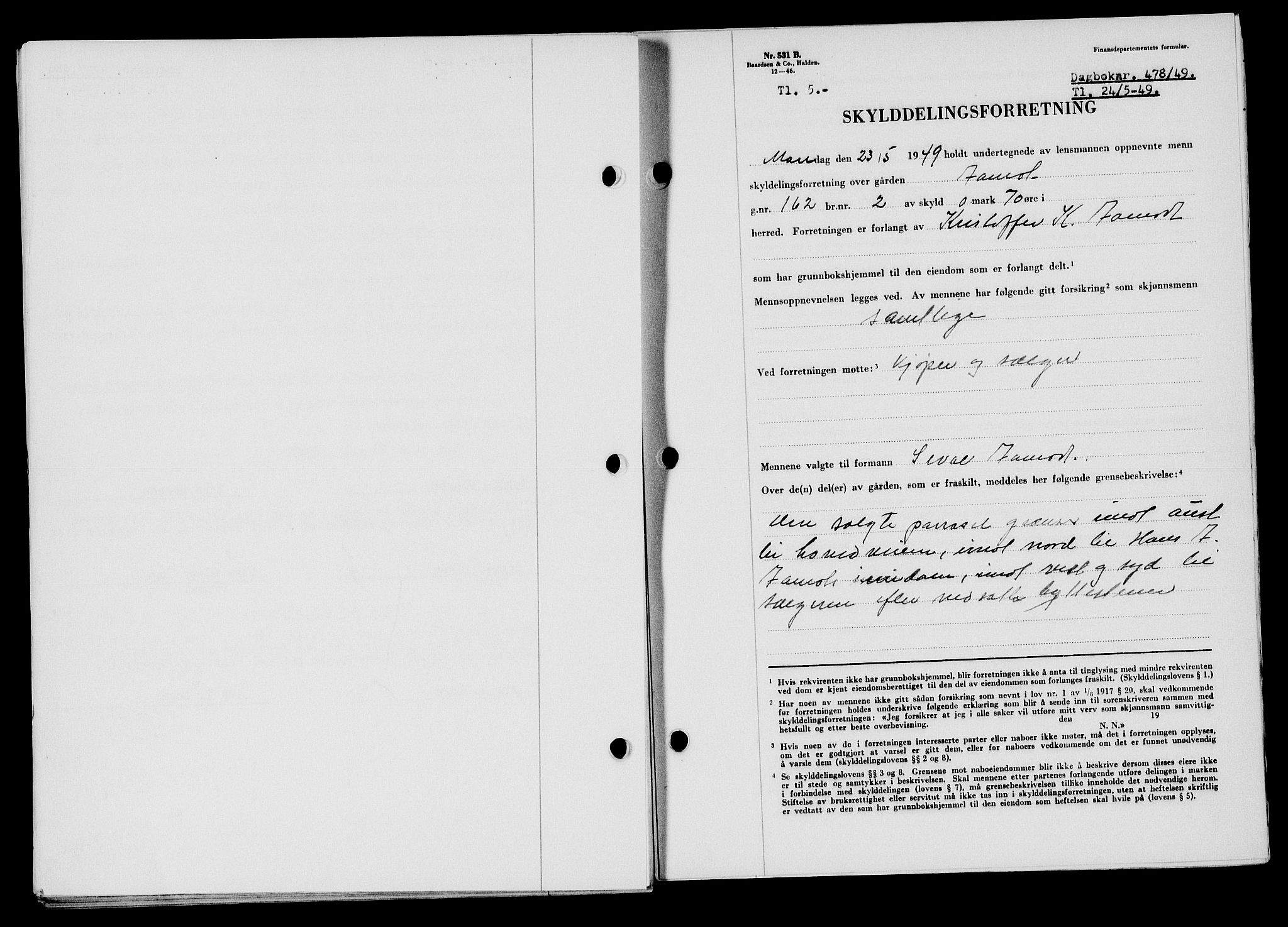 Flekkefjord sorenskriveri, SAK/1221-0001/G/Gb/Gba/L0065: Mortgage book no. A-13, 1949-1949, Diary no: : 478/1949