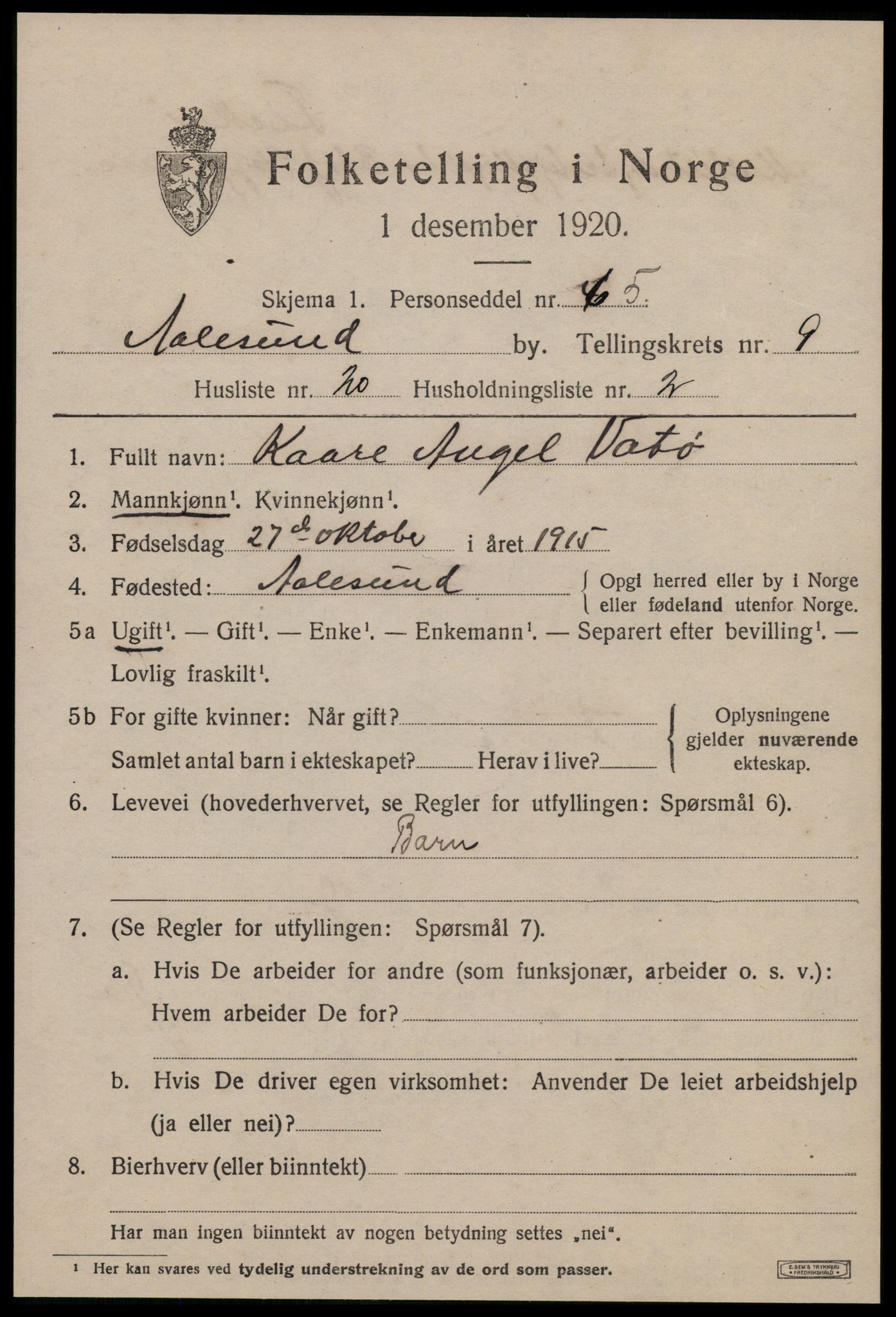 SAT, 1920 census for Ålesund, 1920, p. 23278