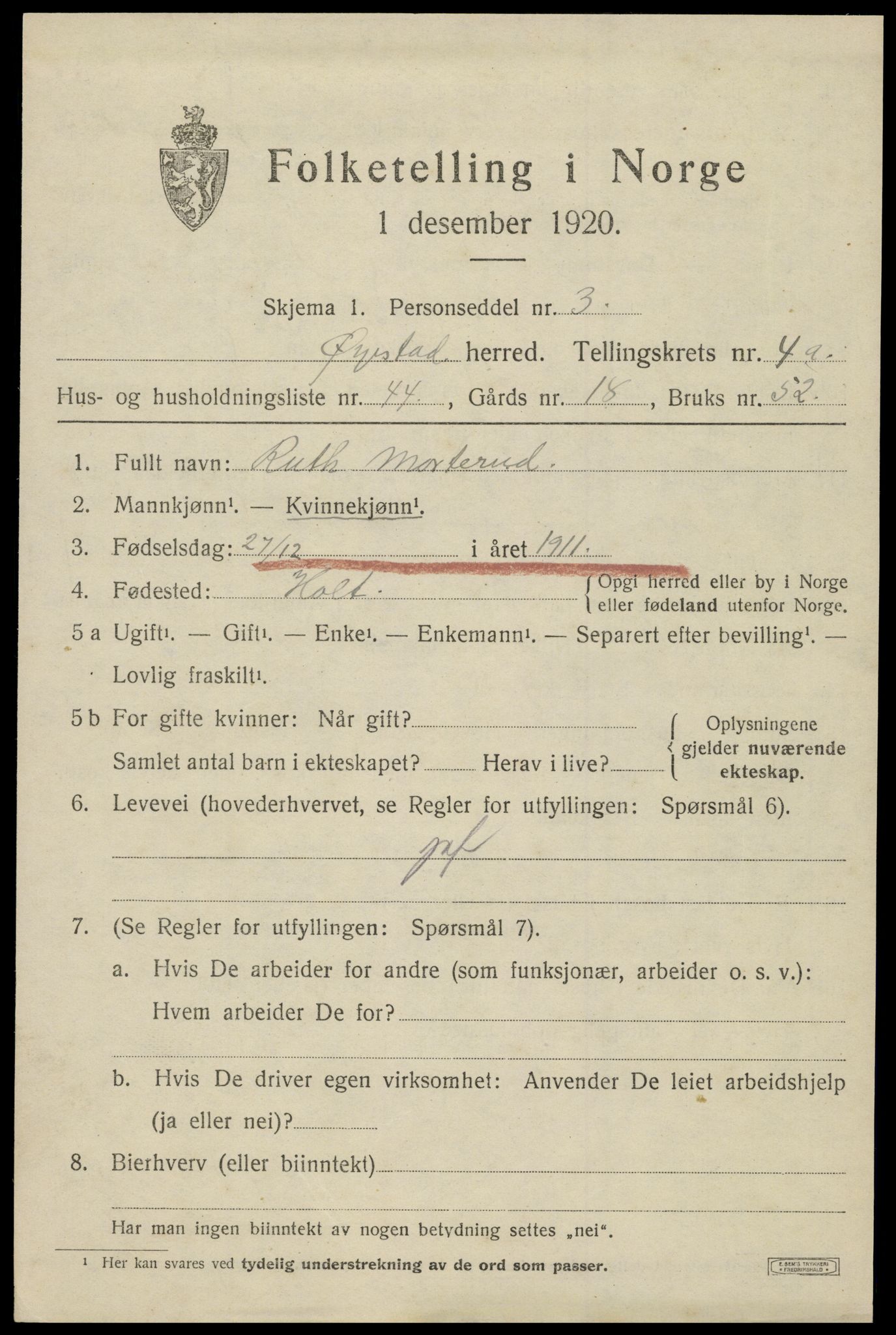 SAK, 1920 census for Øyestad, 1920, p. 3606