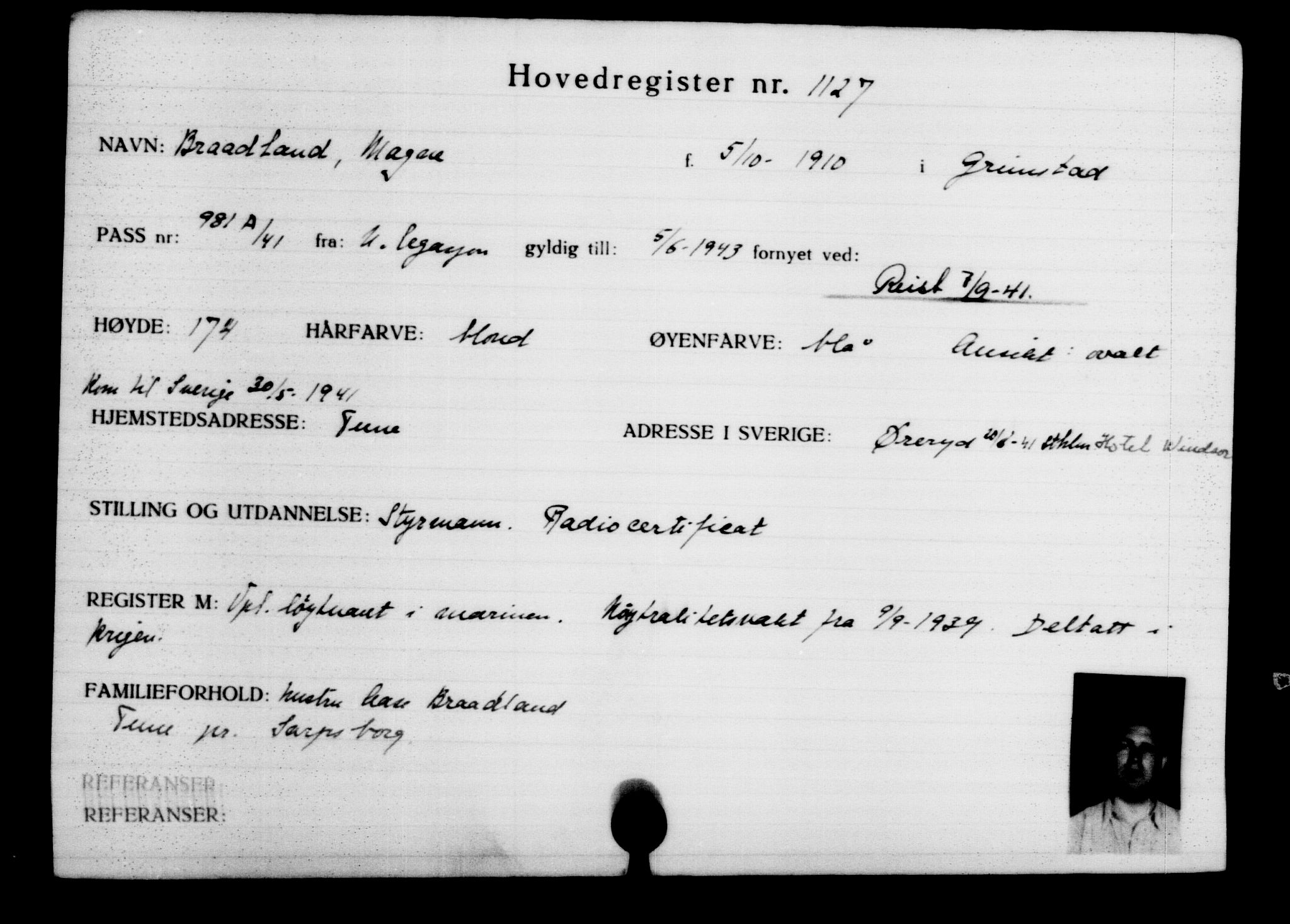 Utenriksstasjonene, Legasjonen i Stockholm, Flyktningkontoret, AV/RA-S-6753/V/Va/L0002: Kjesäterkartoteket, flyktninger med registreringsnr. 1001-2000, 1940-1945, p. 207