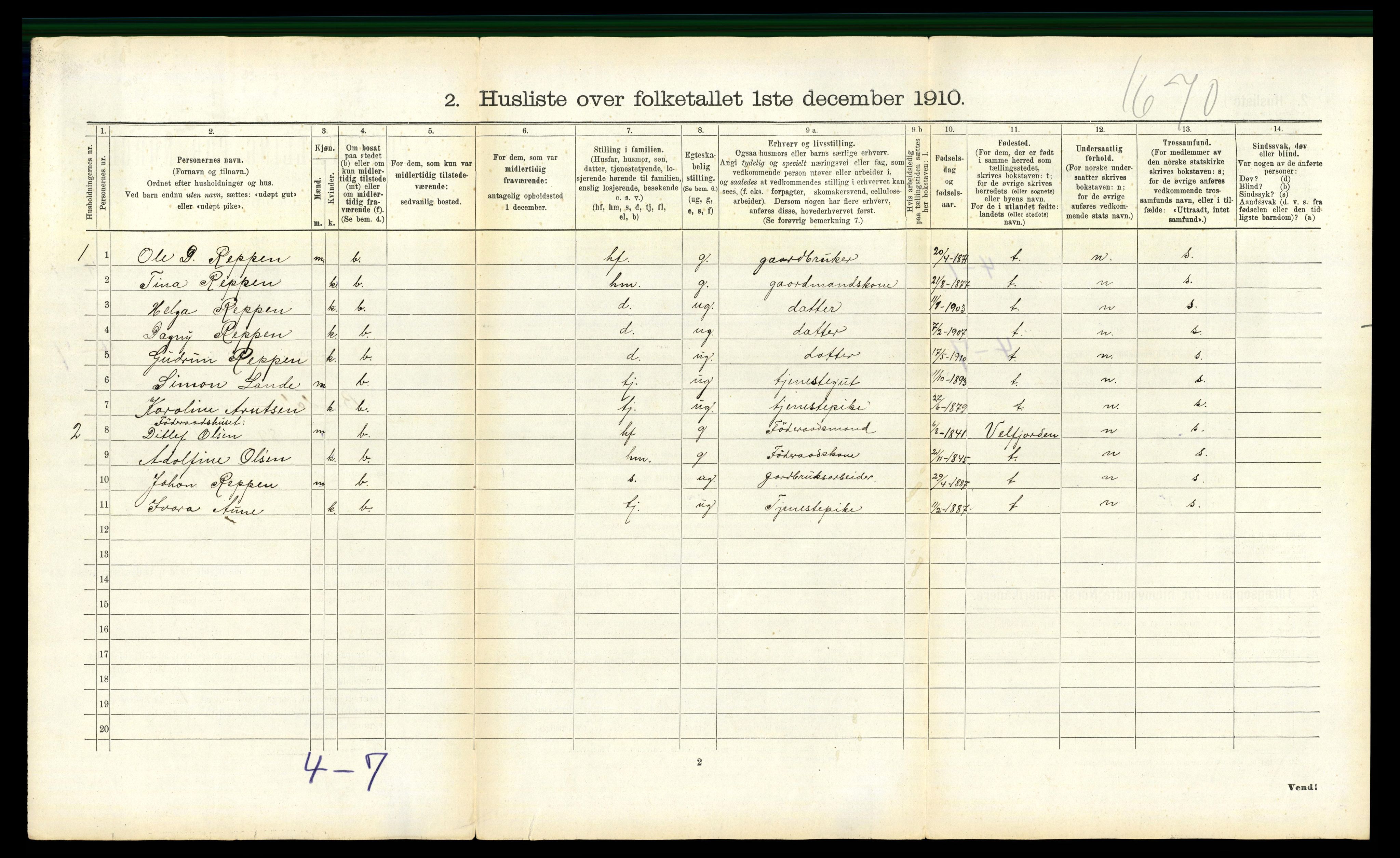 RA, 1910 census for Bindal, 1910, p. 543