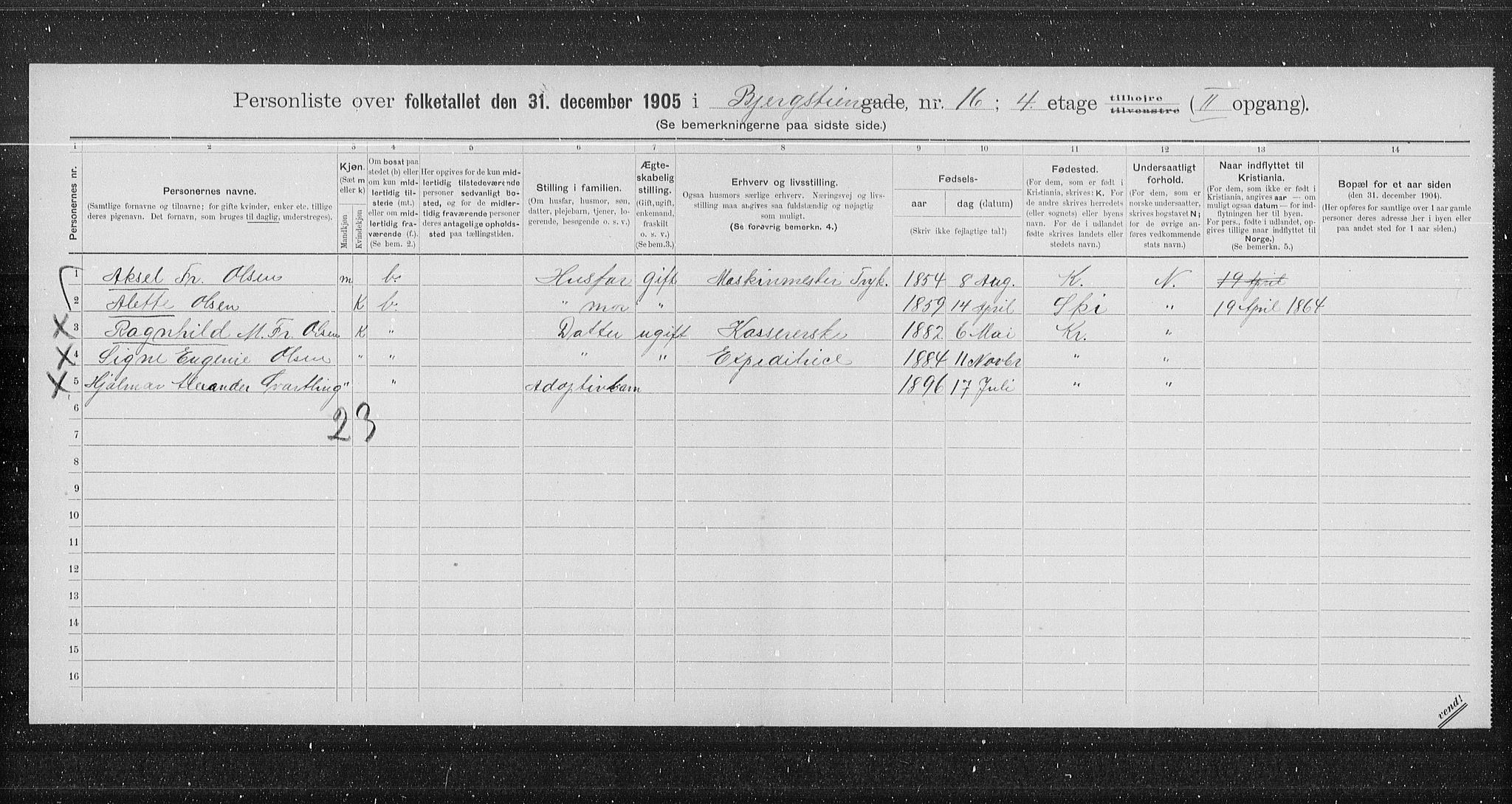 OBA, Municipal Census 1905 for Kristiania, 1905, p. 2749