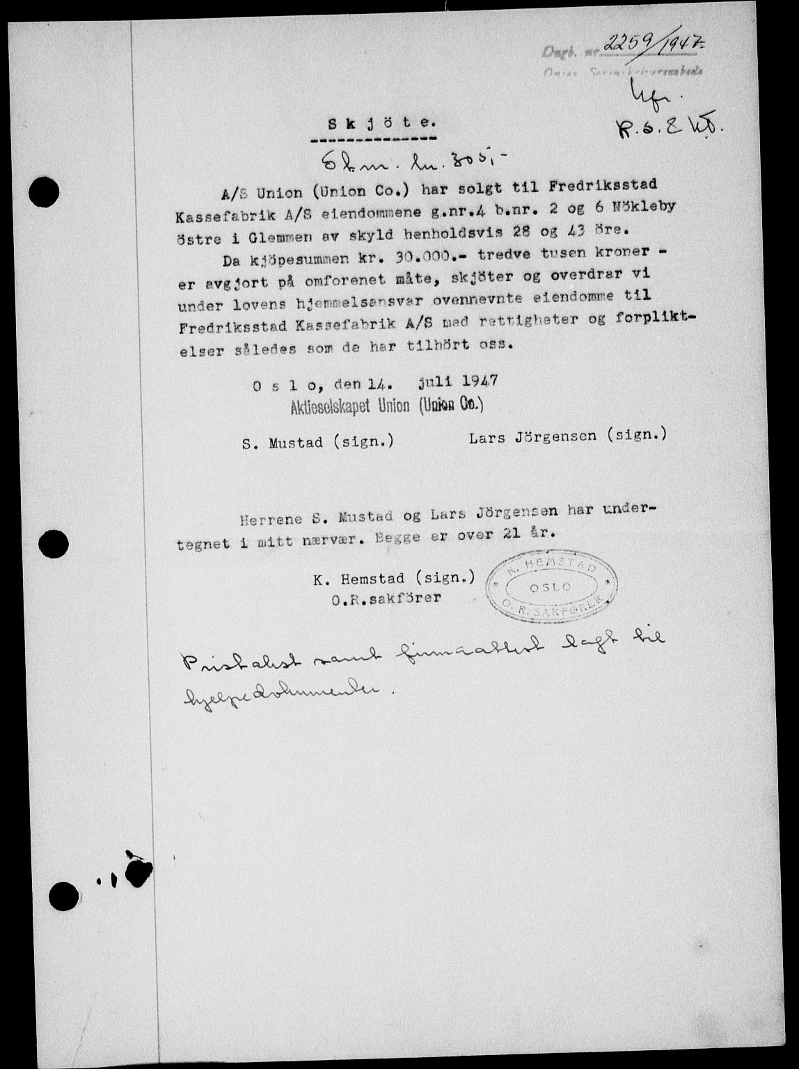 Onsøy sorenskriveri, SAO/A-10474/G/Ga/Gab/L0021: Mortgage book no. II A-21, 1947-1947, Diary no: : 2259/1947
