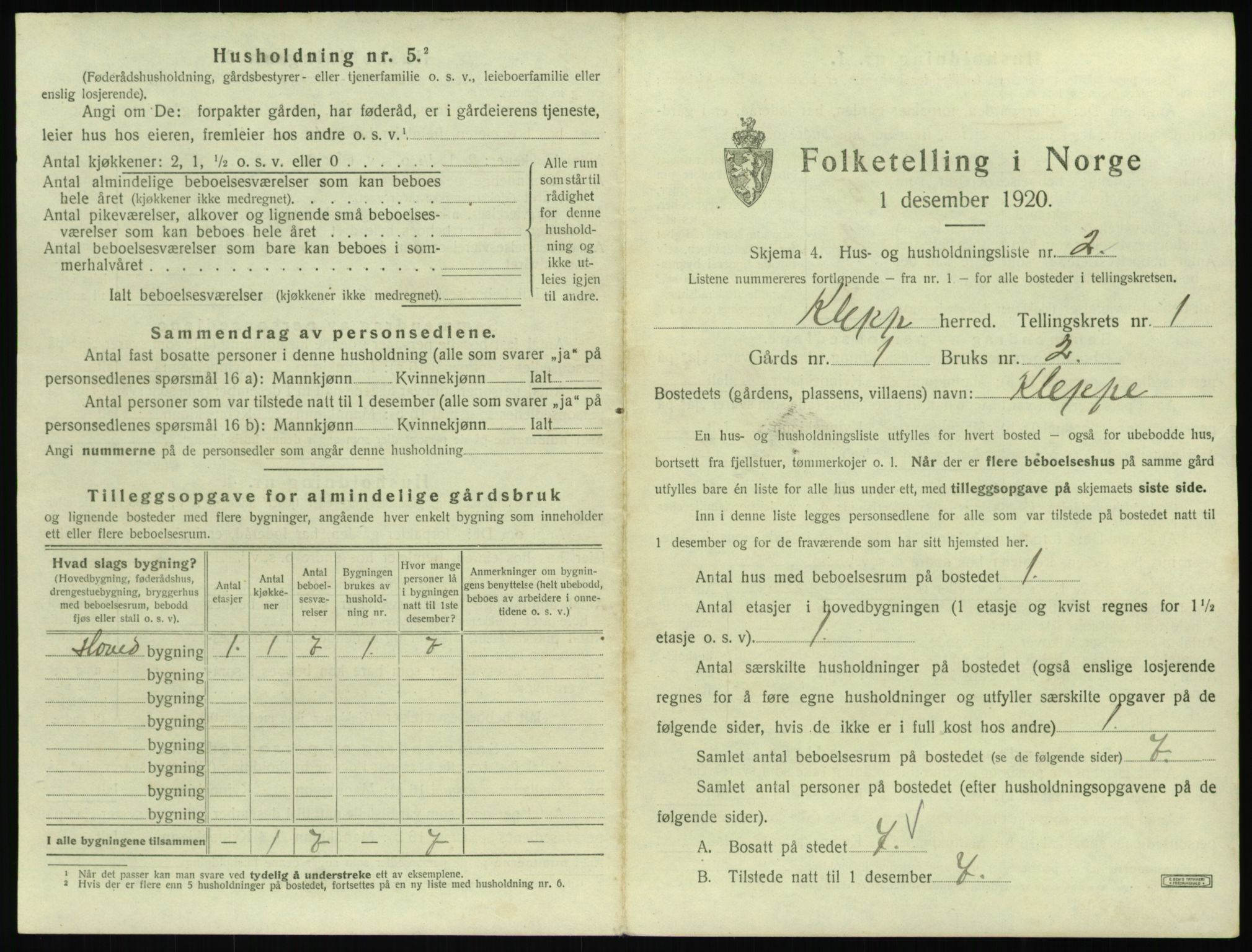 SAST, 1920 census for Klepp, 1920, p. 40