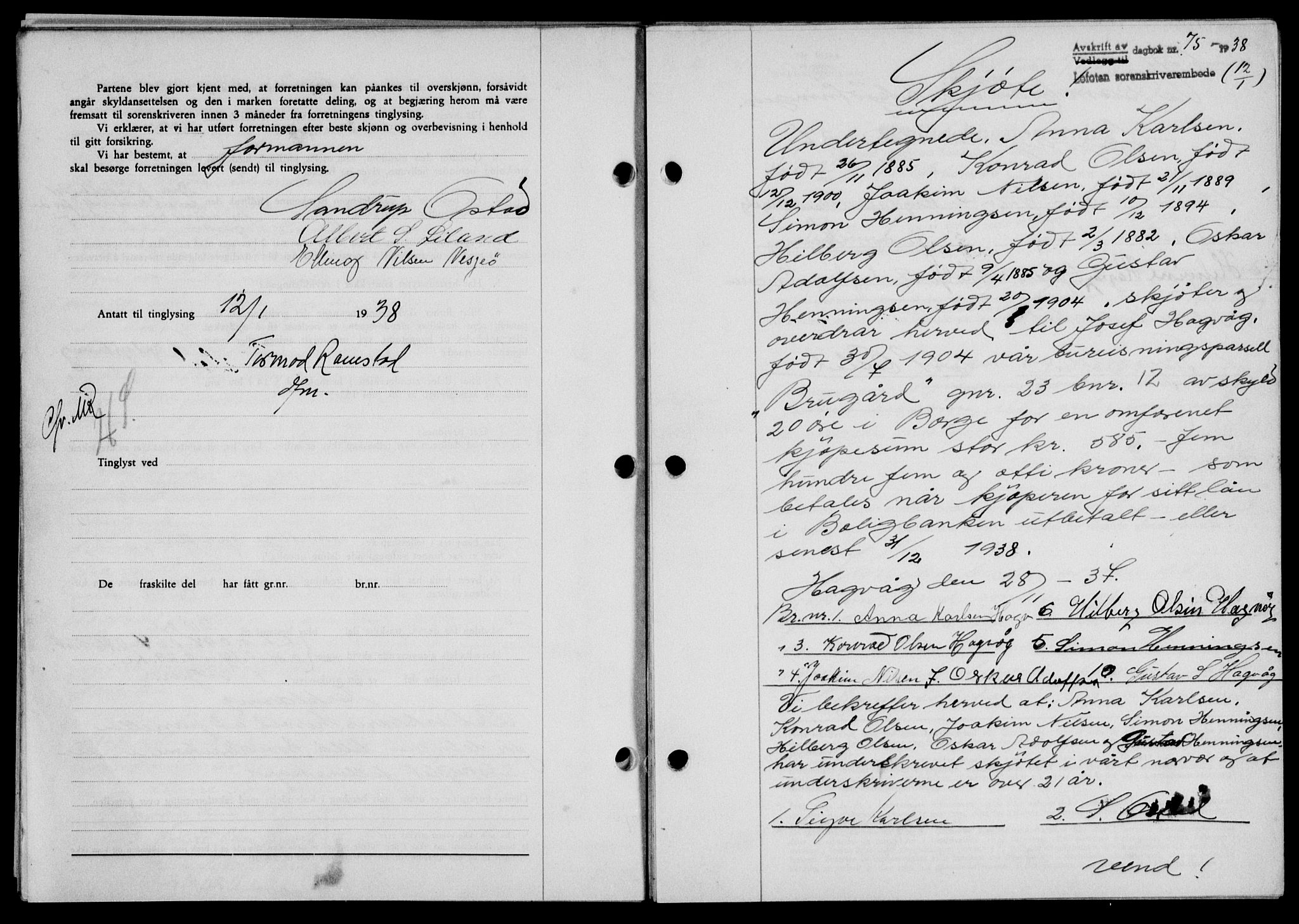 Lofoten sorenskriveri, SAT/A-0017/1/2/2C/L0003a: Mortgage book no. 3a, 1937-1938, Diary no: : 75/1938