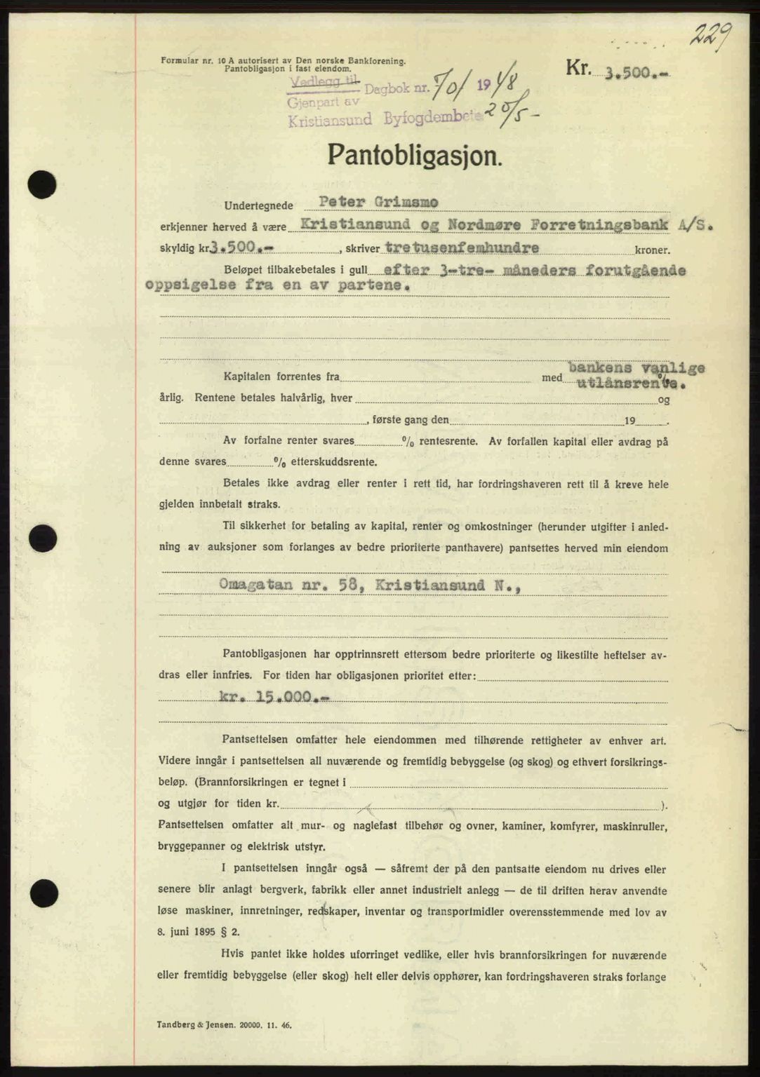 Kristiansund byfogd, AV/SAT-A-4587/A/27: Mortgage book no. 44, 1947-1948, Diary no: : 701/1948