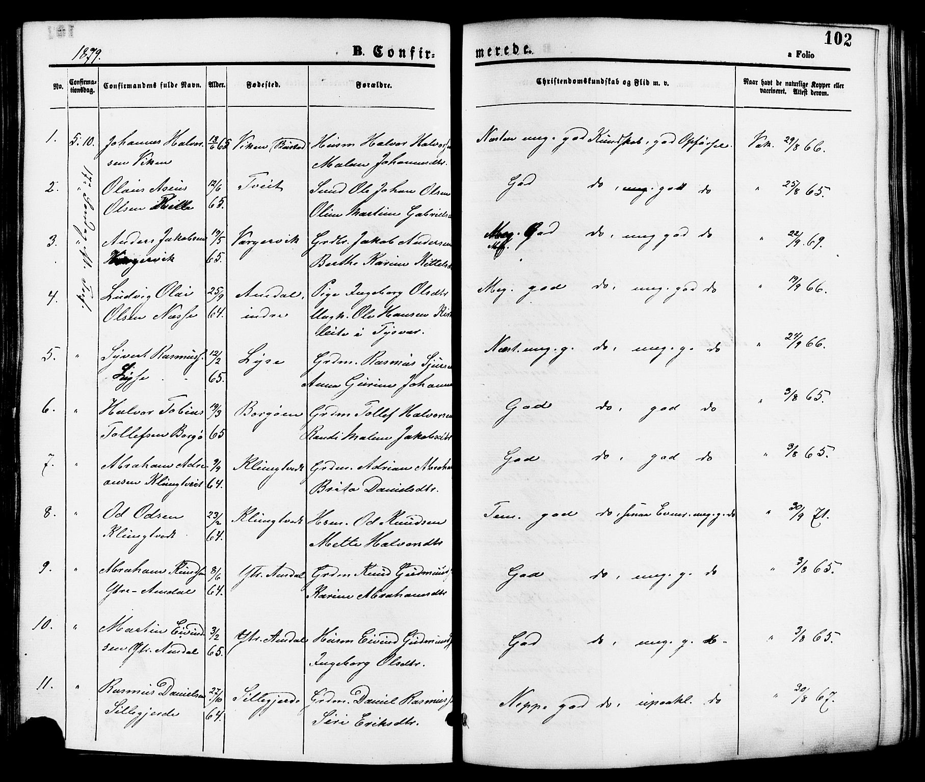 Nedstrand sokneprestkontor, SAST/A-101841/01/IV: Parish register (official) no. A 11, 1877-1887, p. 102