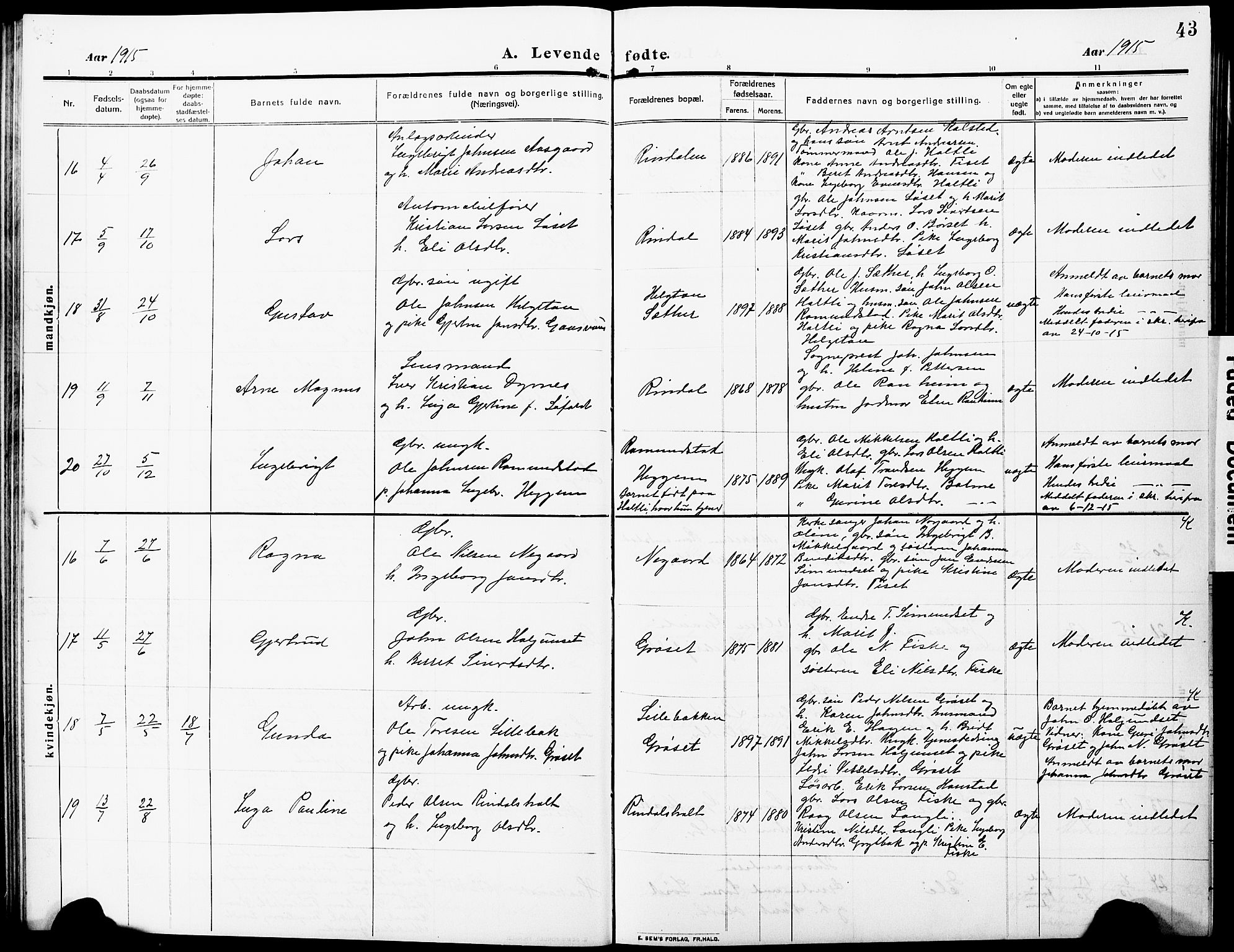 Ministerialprotokoller, klokkerbøker og fødselsregistre - Møre og Romsdal, AV/SAT-A-1454/598/L1079: Parish register (copy) no. 598C04, 1909-1927, p. 43
