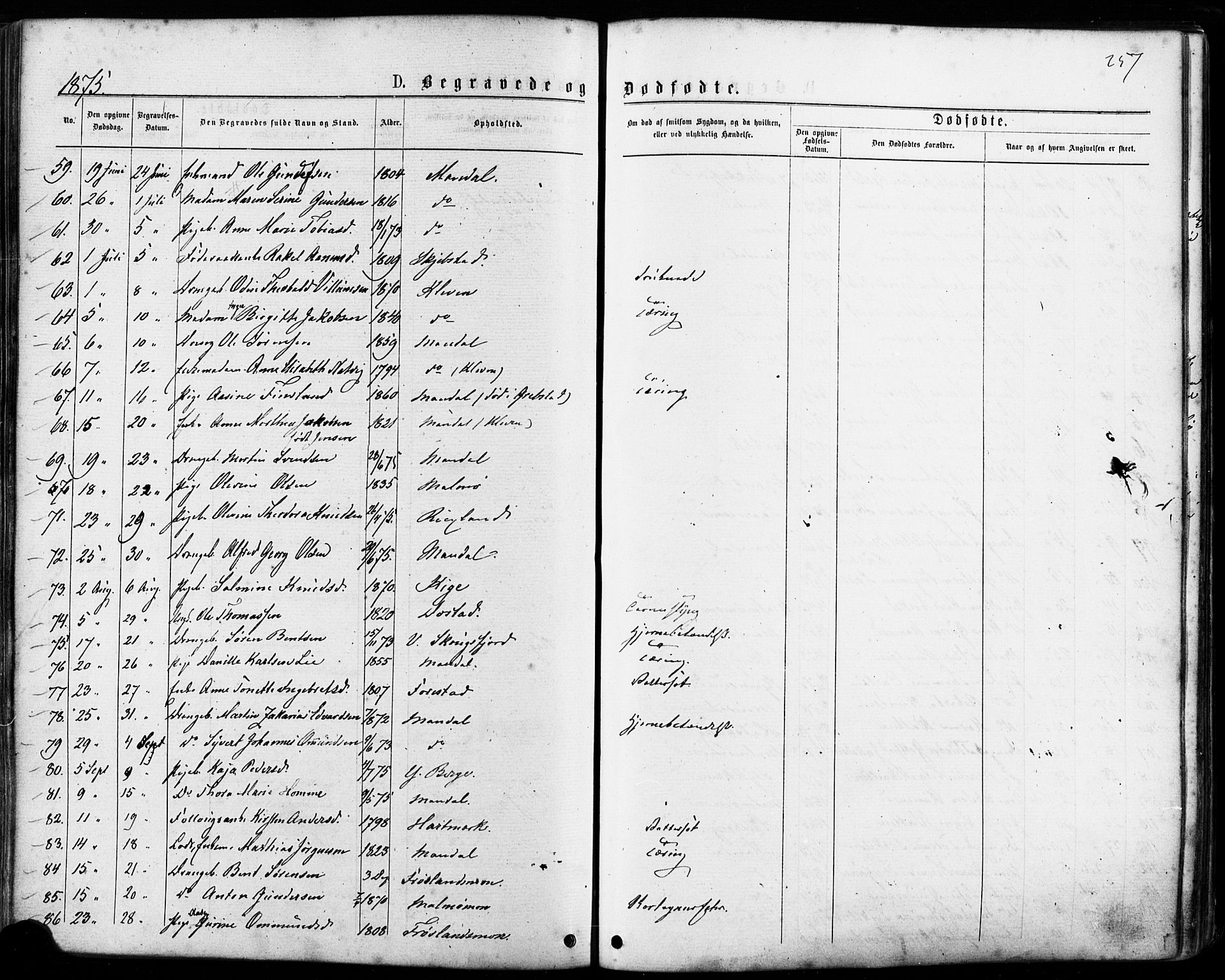 Mandal sokneprestkontor, AV/SAK-1111-0030/F/Fa/Faa/L0015: Parish register (official) no. A 15, 1873-1879, p. 257