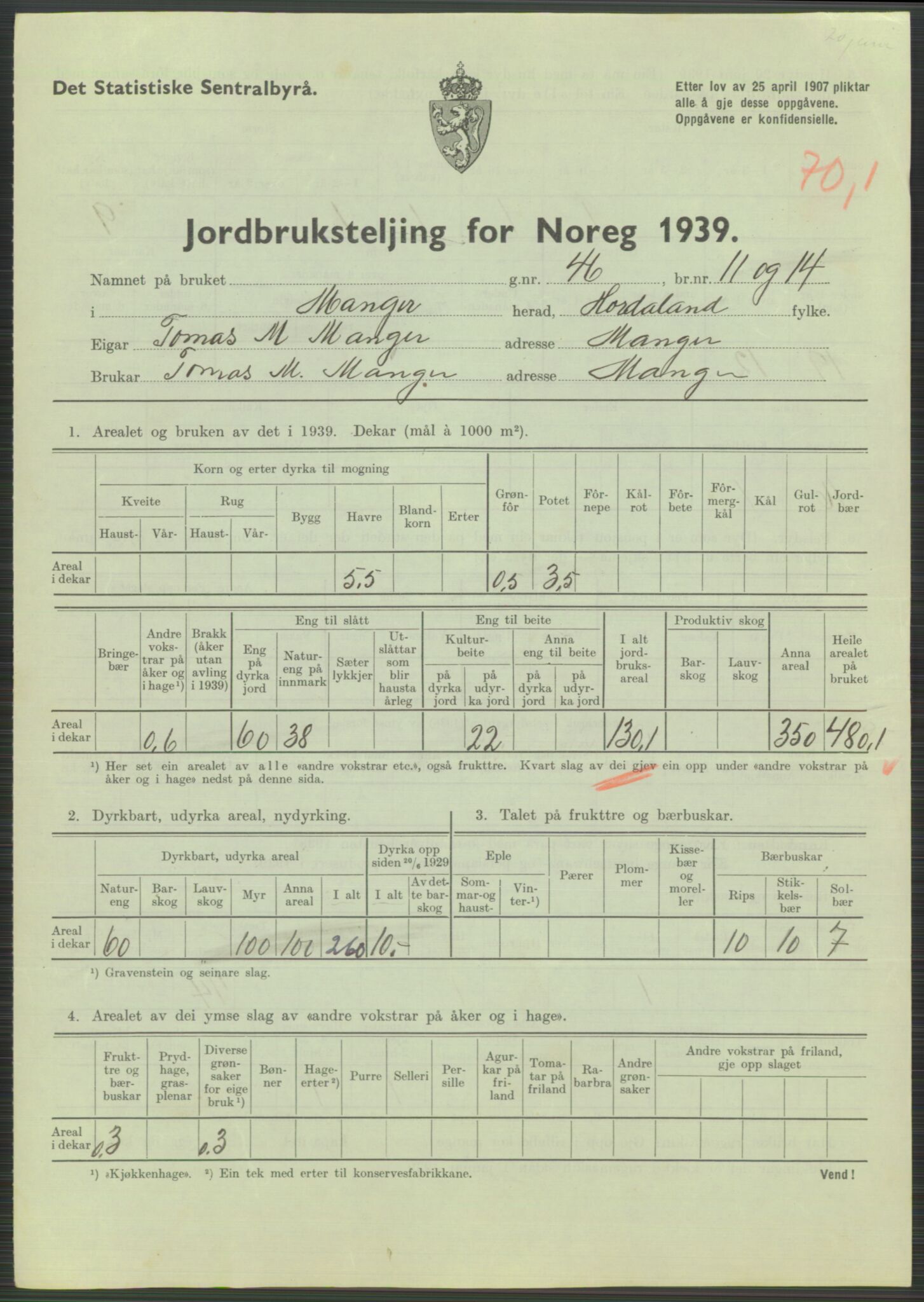 Statistisk sentralbyrå, Næringsøkonomiske emner, Jordbruk, skogbruk, jakt, fiske og fangst, AV/RA-S-2234/G/Gb/L0211: Hordaland: Herdla, Hjelme og Manger, 1939, p. 1861