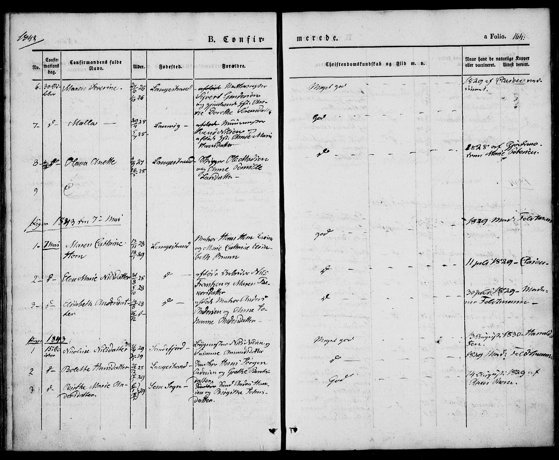 Larvik kirkebøker, AV/SAKO-A-352/F/Fb/L0003: Parish register (official) no. II 3, 1842-1856, p. 164