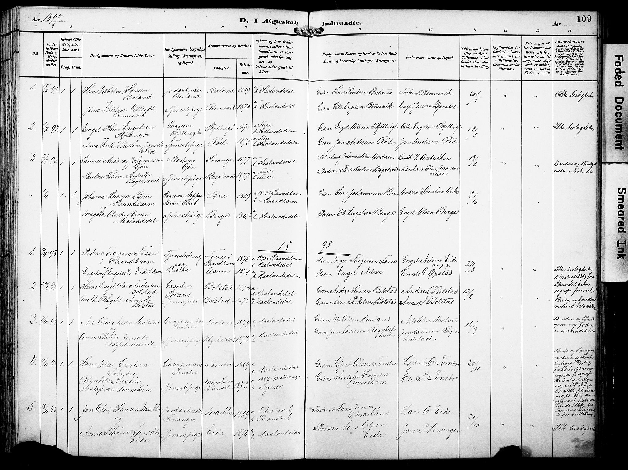 Fusa sokneprestembete, SAB/A-75401/H/Hab: Parish register (copy) no. B 2, 1897-1930, p. 109