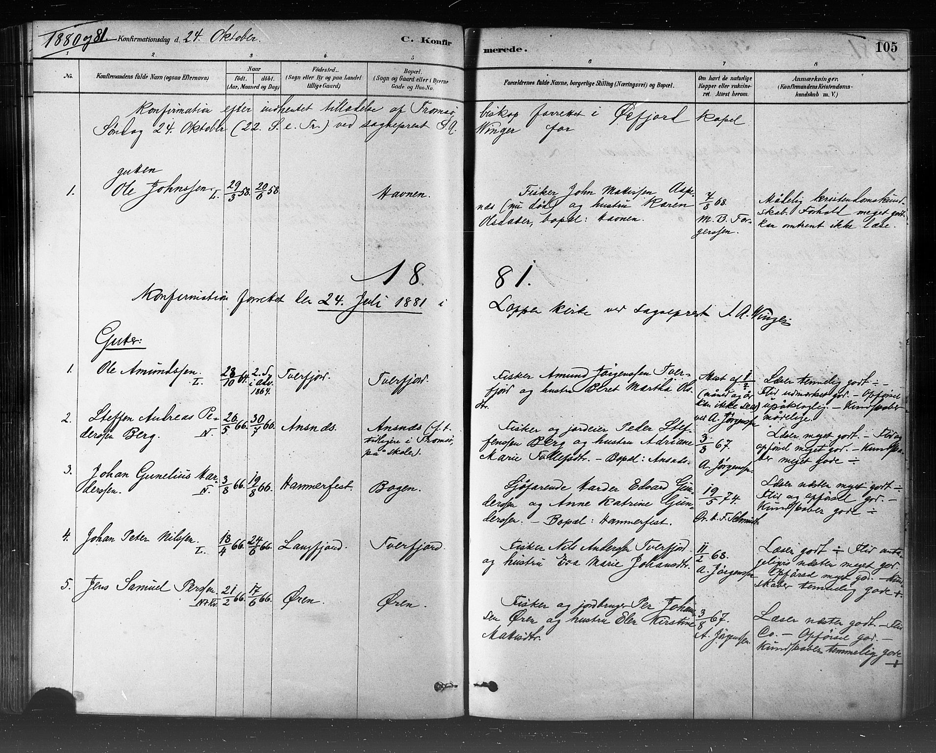 Loppa sokneprestkontor, SATØ/S-1339/H/Ha/L0006kirke: Parish register (official) no. 6, 1879-1895, p. 105