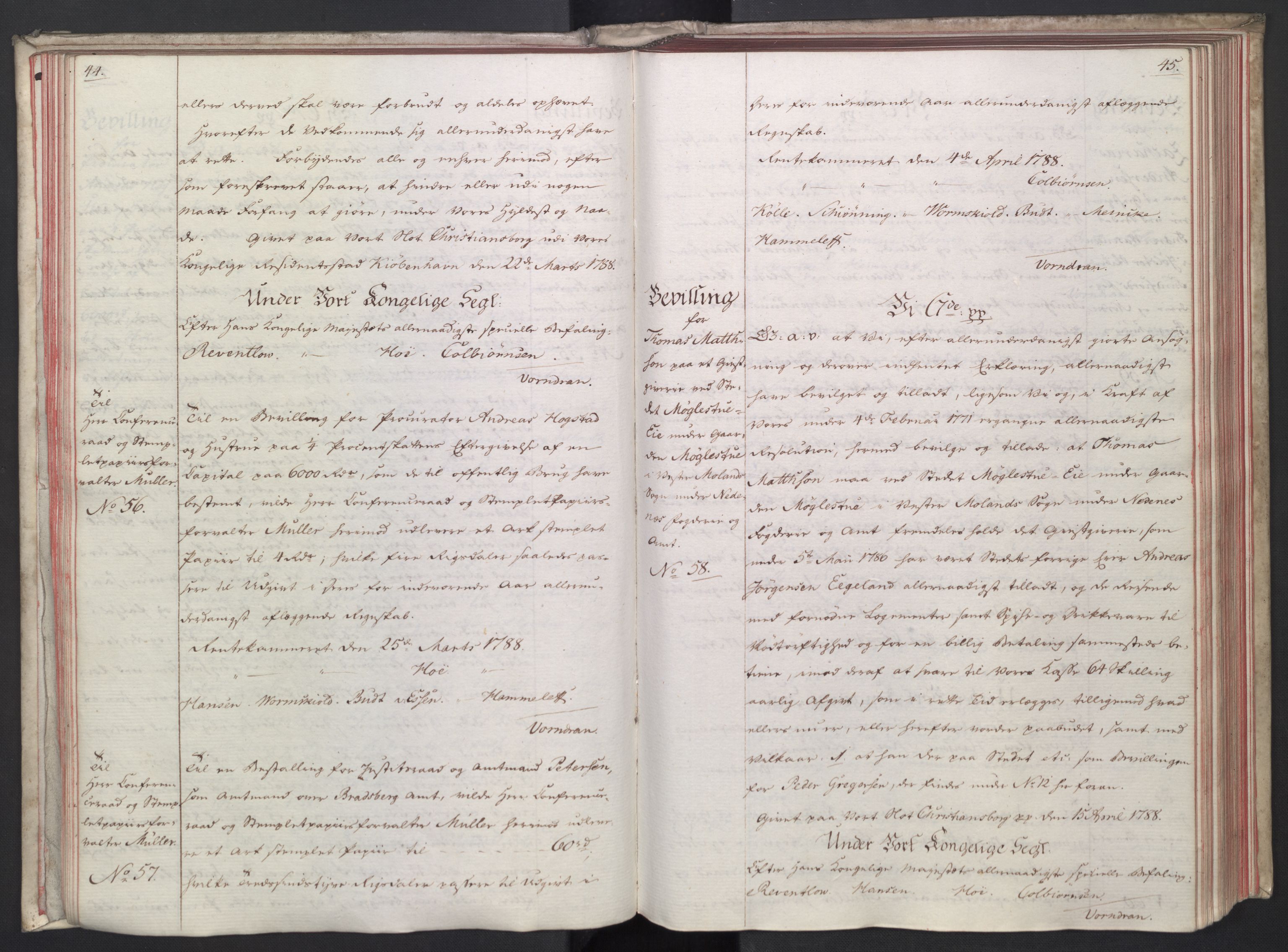 Rentekammeret, Kammerkanselliet, AV/RA-EA-3111/G/Gg/Gga/L0014: Norsk ekspedisjonsprotokoll med register (merket RK 53.14), 1787-1790, p. 44-45