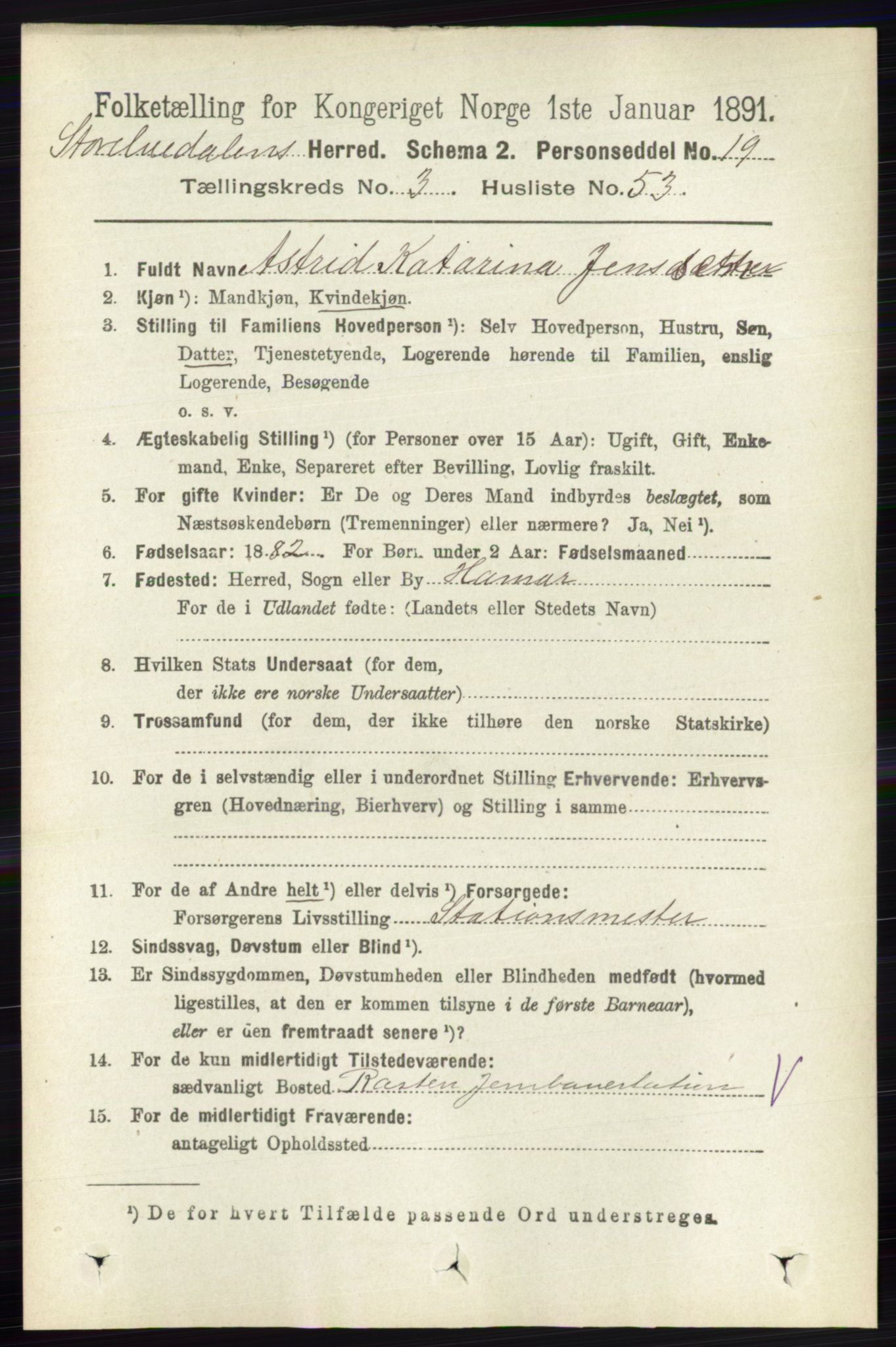 RA, 1891 census for 0430 Stor-Elvdal, 1891, p. 1222