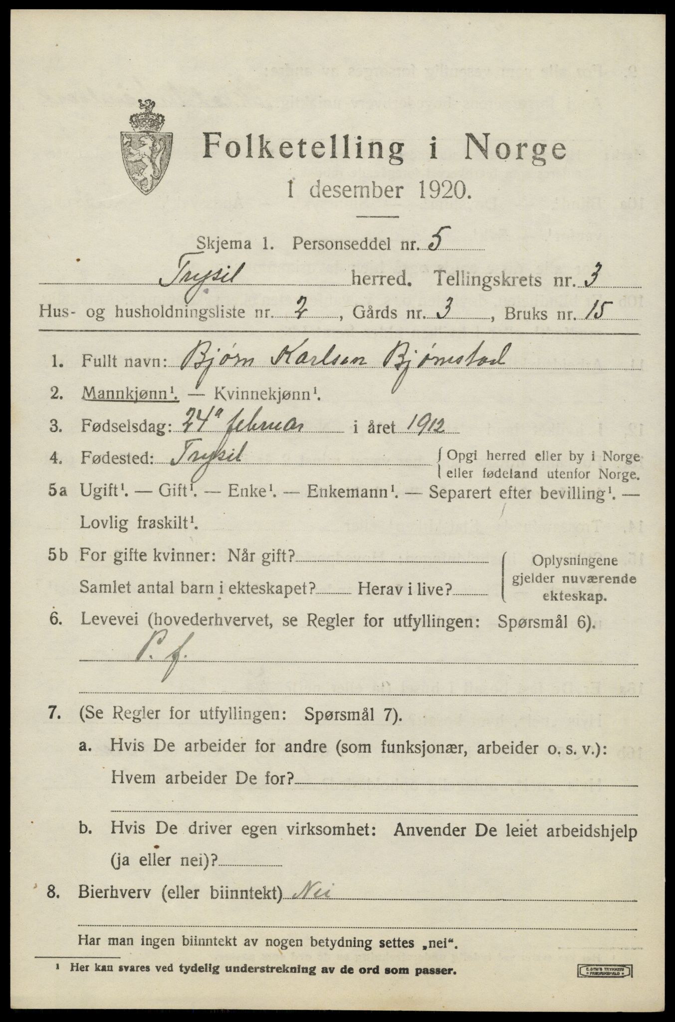 SAH, 1920 census for Trysil, 1920, p. 3497