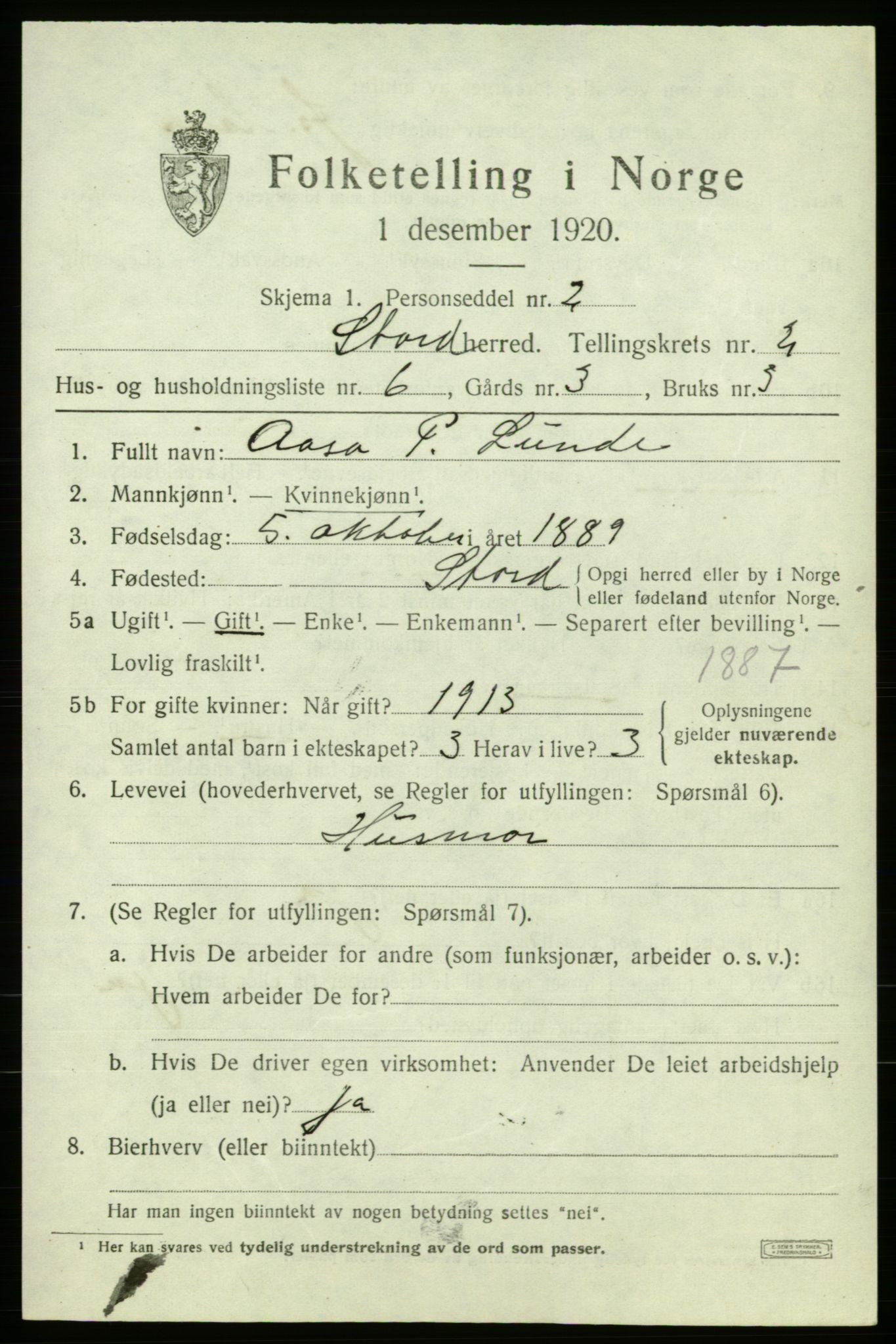 SAB, 1920 census for Stord, 1920, p. 1607