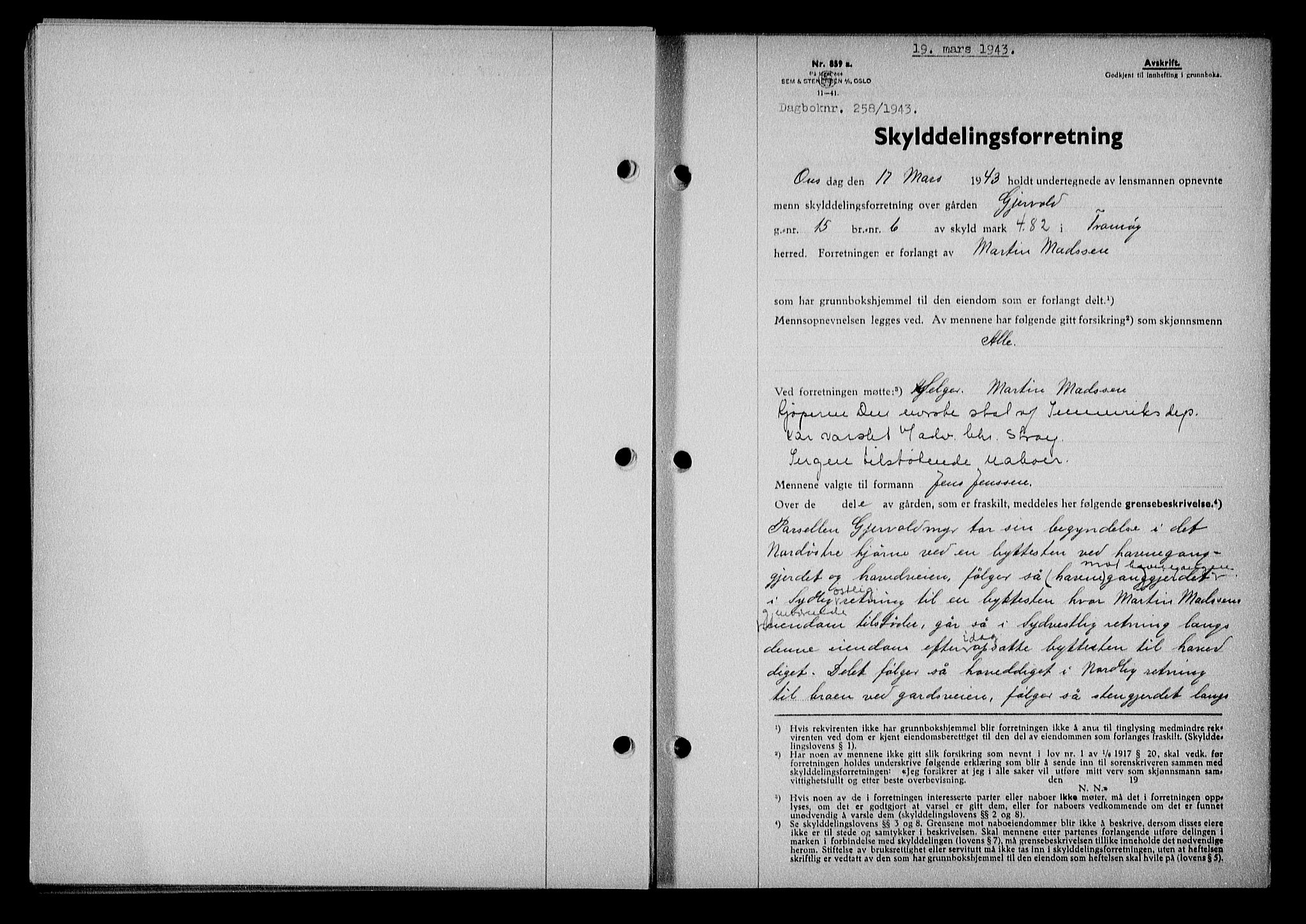 Nedenes sorenskriveri, AV/SAK-1221-0006/G/Gb/Gba/L0050: Mortgage book no. A-IV, 1942-1943, Diary no: : 258/1943