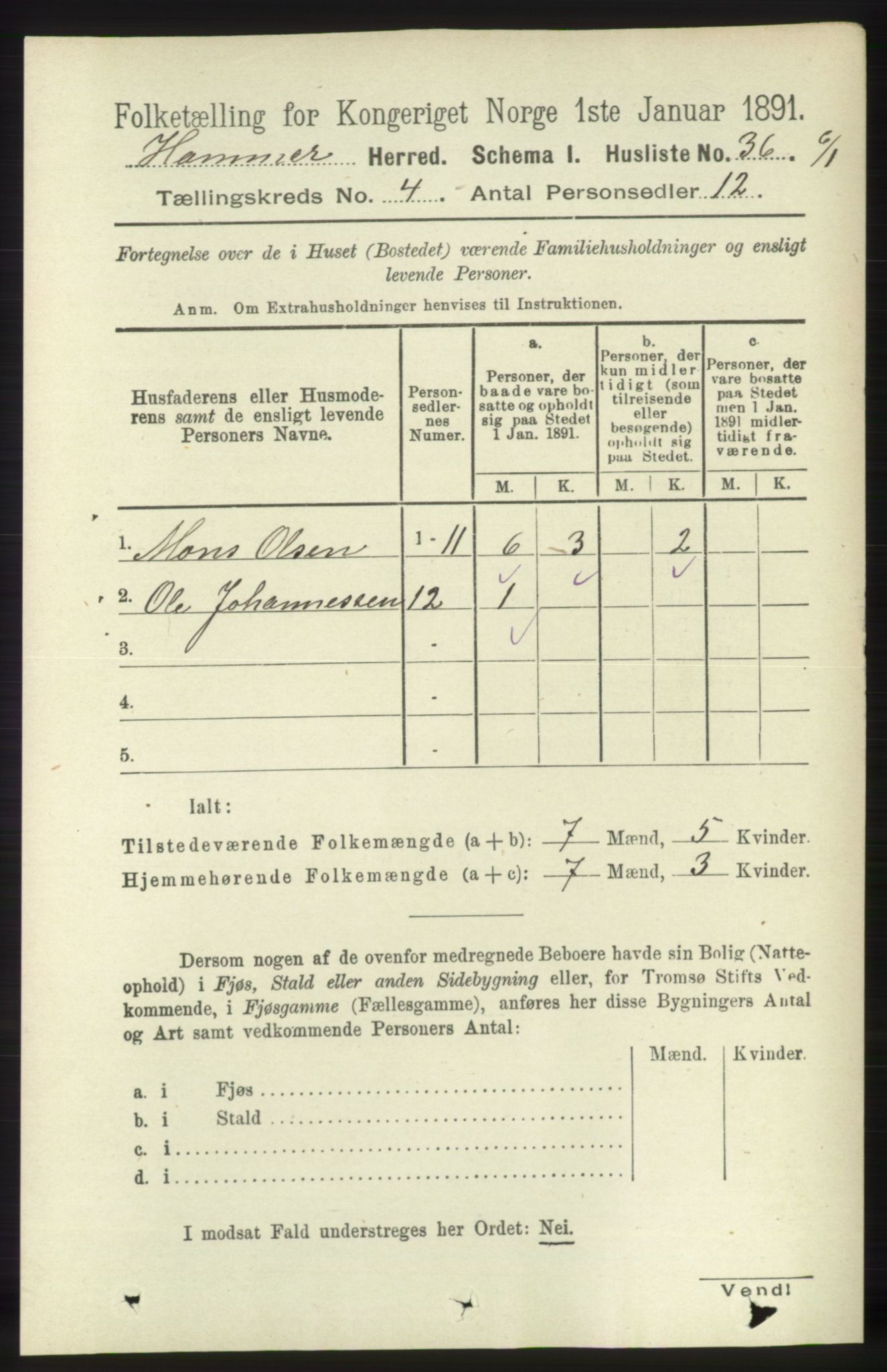 RA, 1891 census for 1254 Hamre, 1891, p. 927