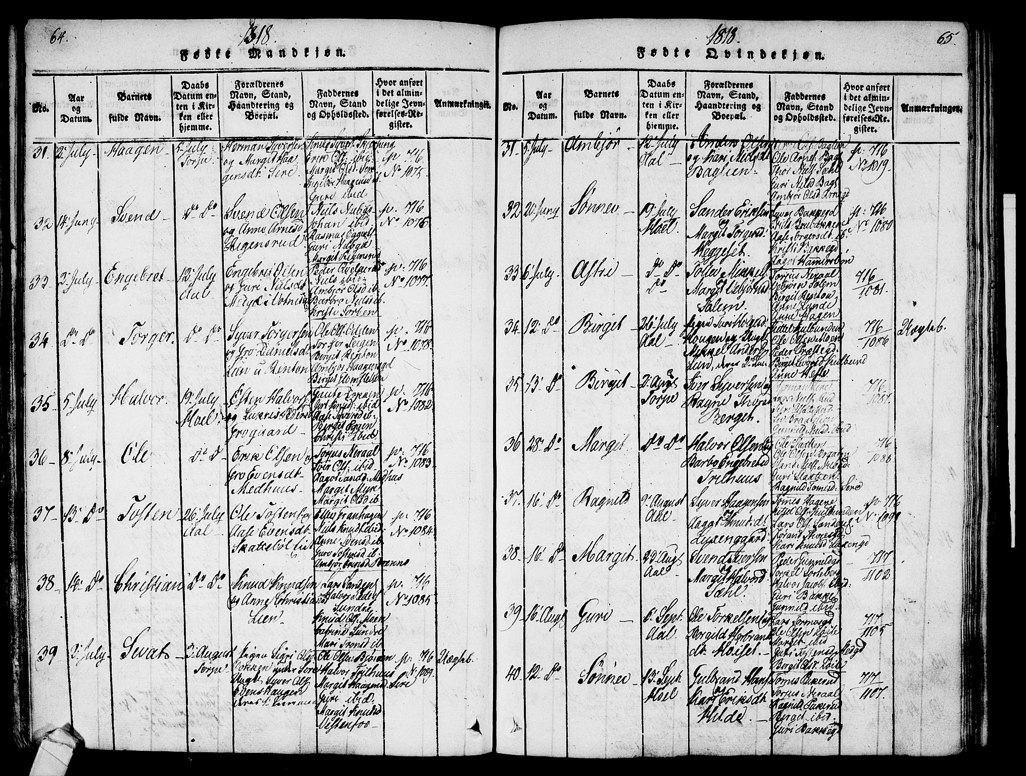 Ål kirkebøker, AV/SAKO-A-249/F/Fa/L0004: Parish register (official) no. I 4, 1815-1825, p. 64-65