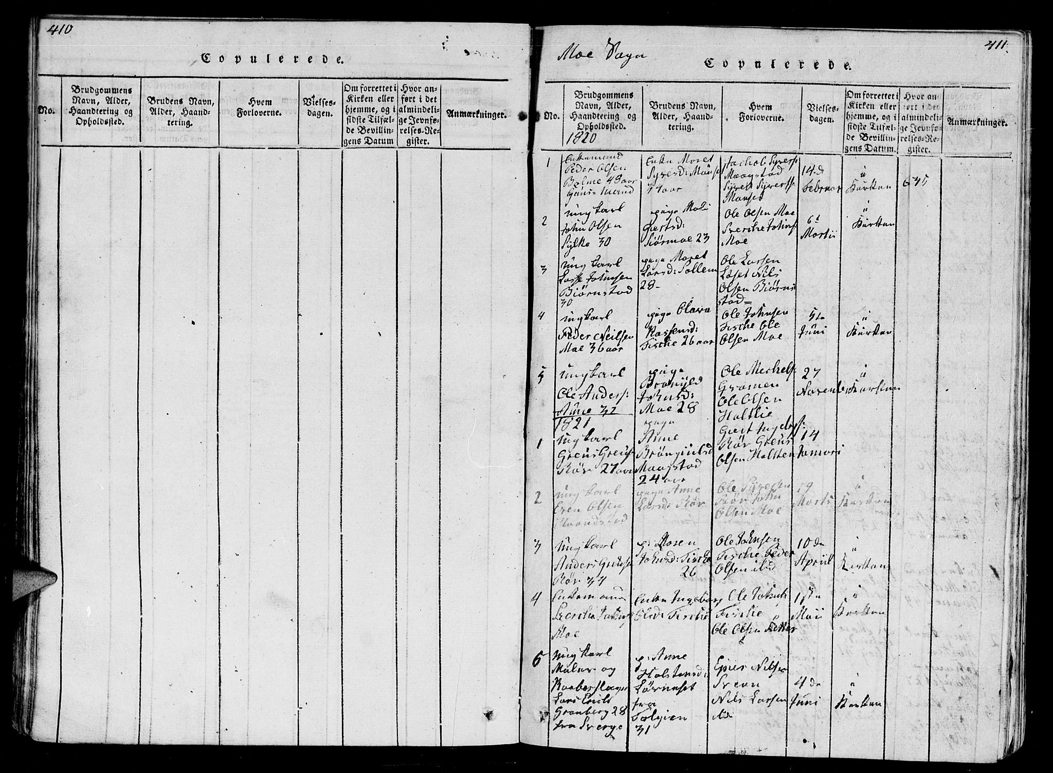 Ministerialprotokoller, klokkerbøker og fødselsregistre - Møre og Romsdal, AV/SAT-A-1454/595/L1050: Parish register (copy) no. 595C02, 1819-1834, p. 410-411