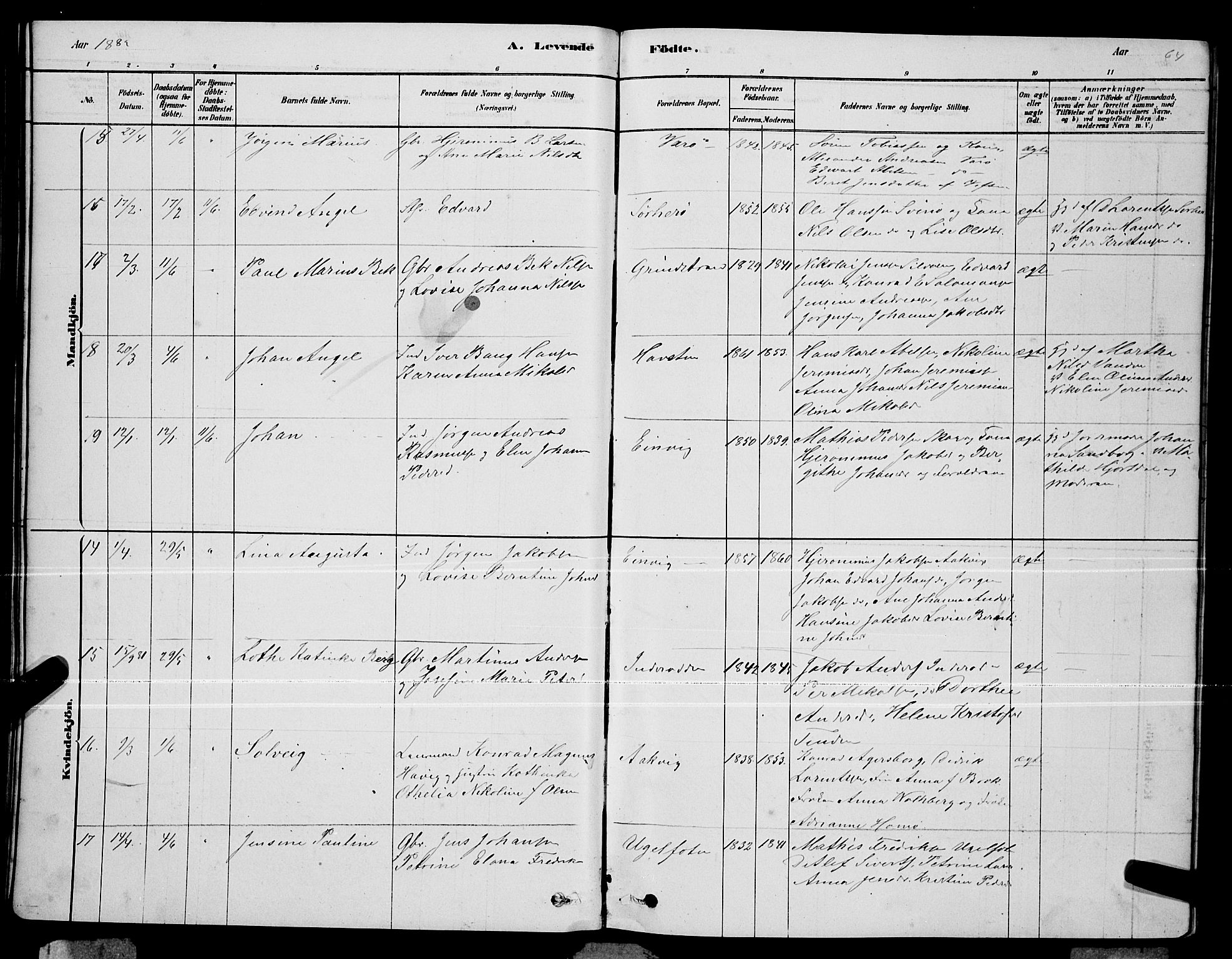 Ministerialprotokoller, klokkerbøker og fødselsregistre - Nordland, AV/SAT-A-1459/834/L0513: Parish register (copy) no. 834C04, 1877-1892, p. 64