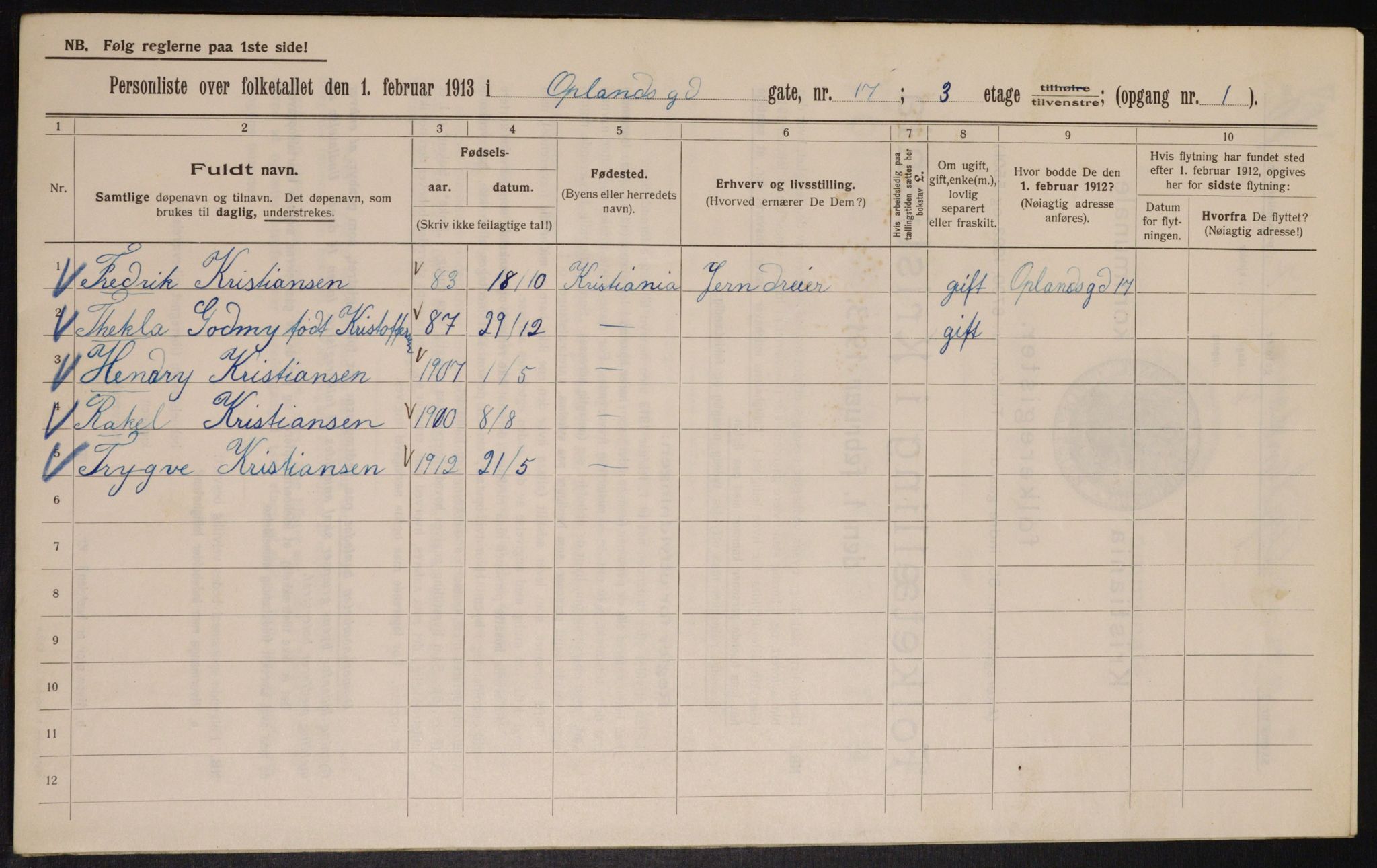 OBA, Municipal Census 1913 for Kristiania, 1913, p. 76020