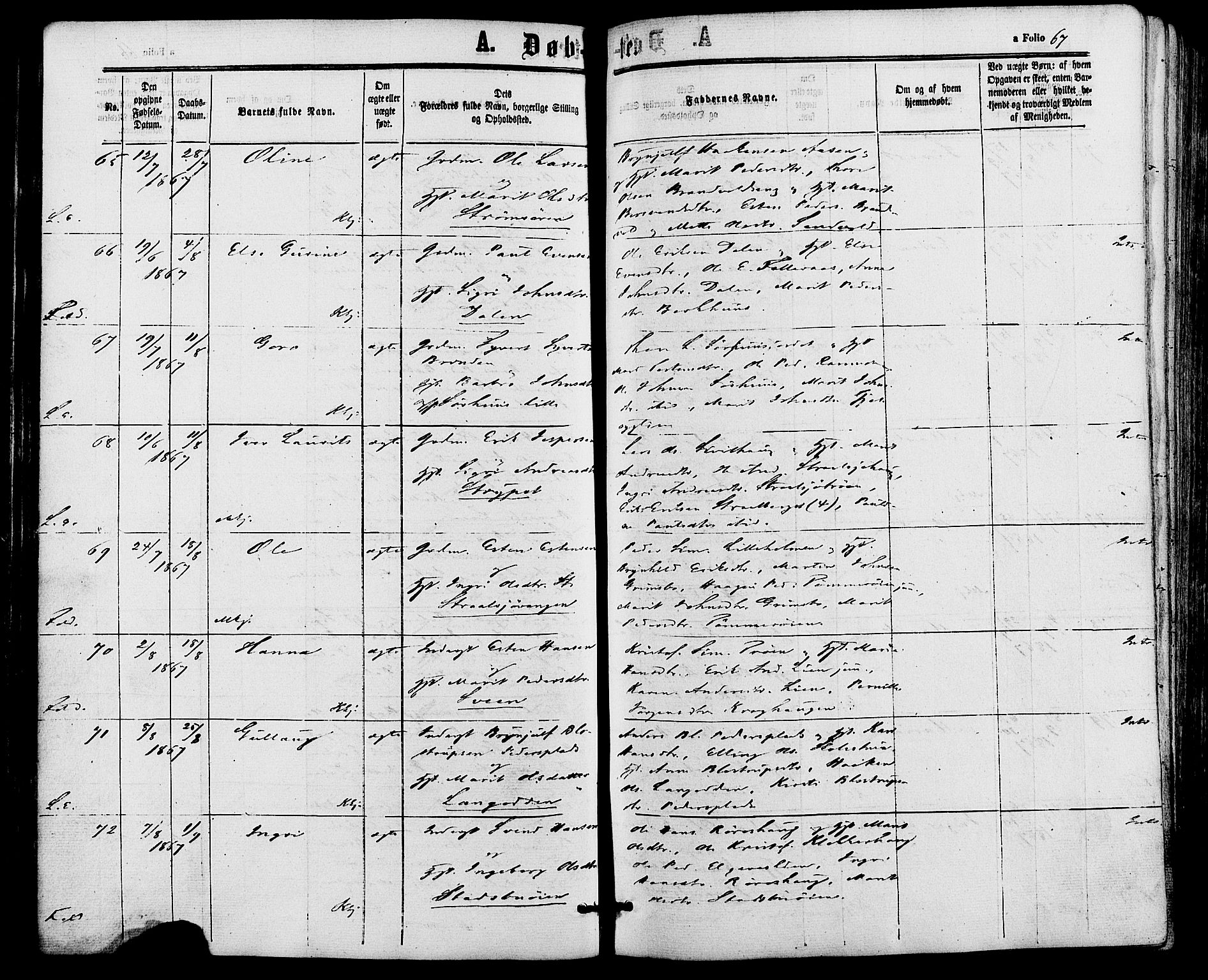 Alvdal prestekontor, SAH/PREST-060/H/Ha/Haa/L0001: Parish register (official) no. 1, 1863-1882, p. 67
